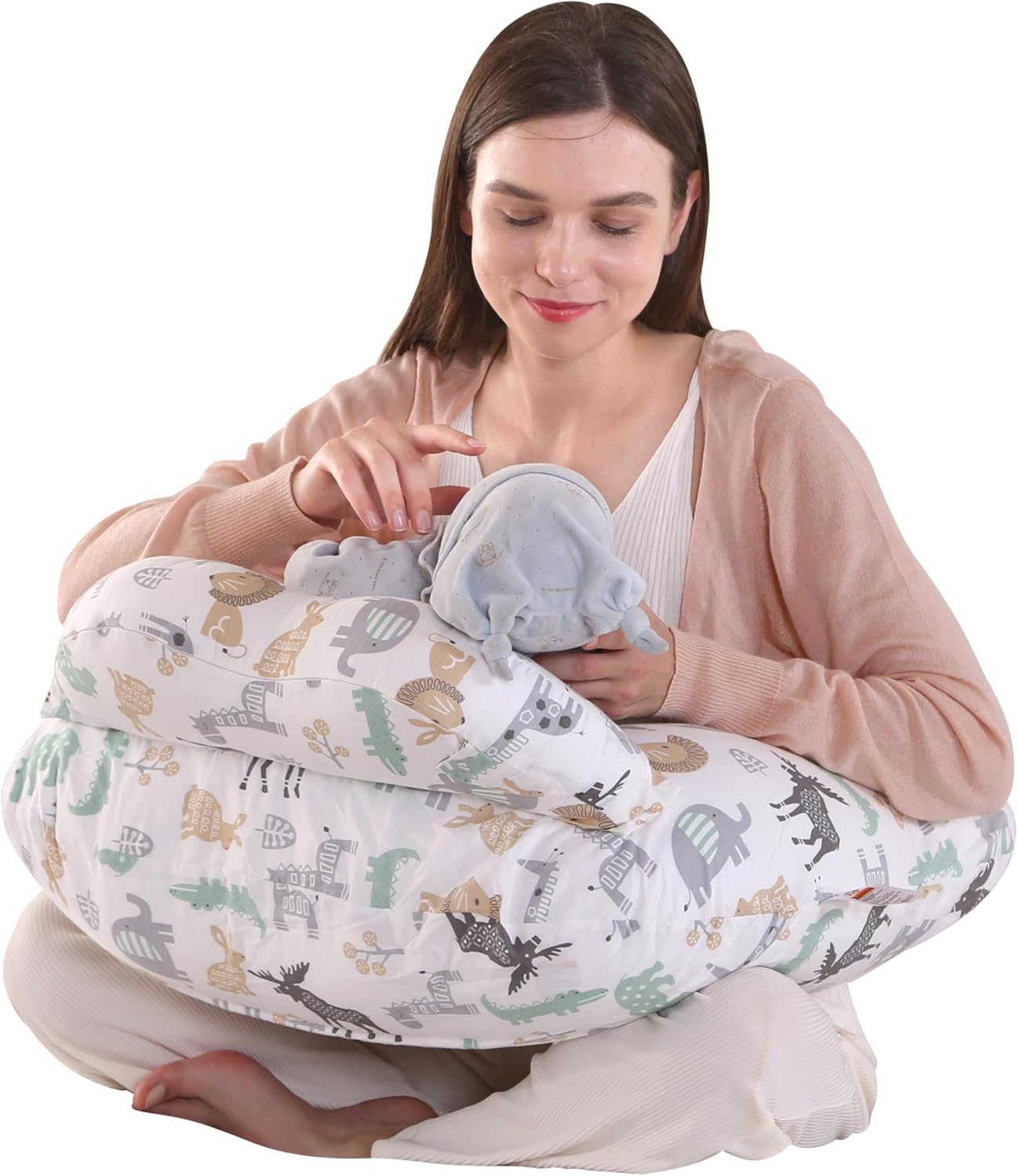 Labtec Nursing Pillow for Breastfeeding Baby, Multifunctional Breast Feeding Pillow with Adjustable Waist Strap and Safety Fence, 100% Cotton Removable Pillowcase, Animal Pattern