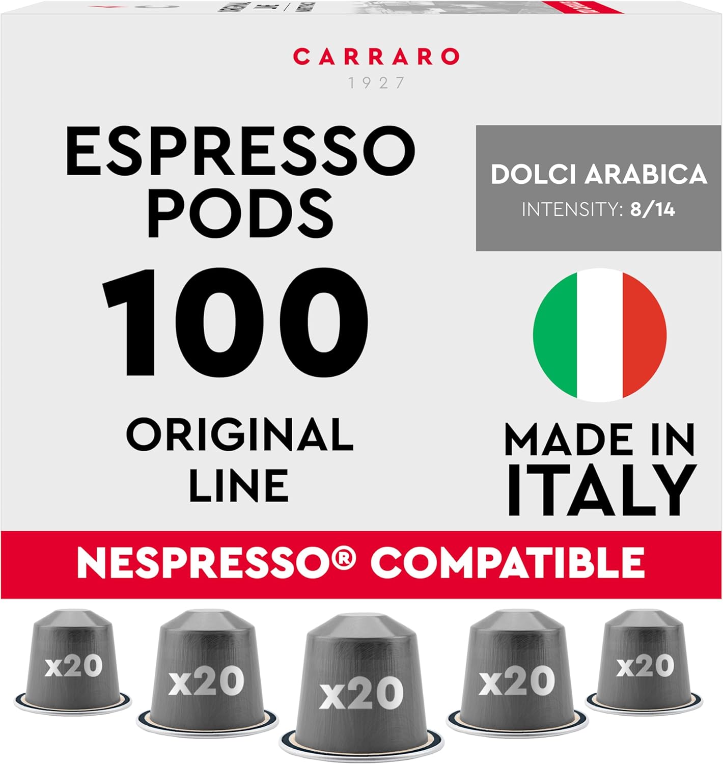 CARRARO 1927 Dolci Arabica Coffee Capsules - 100 Aluminium Coffee Pods Compatible with Nespresso Original line, Medium Roast - Intensity 8/14, Made in Italy
