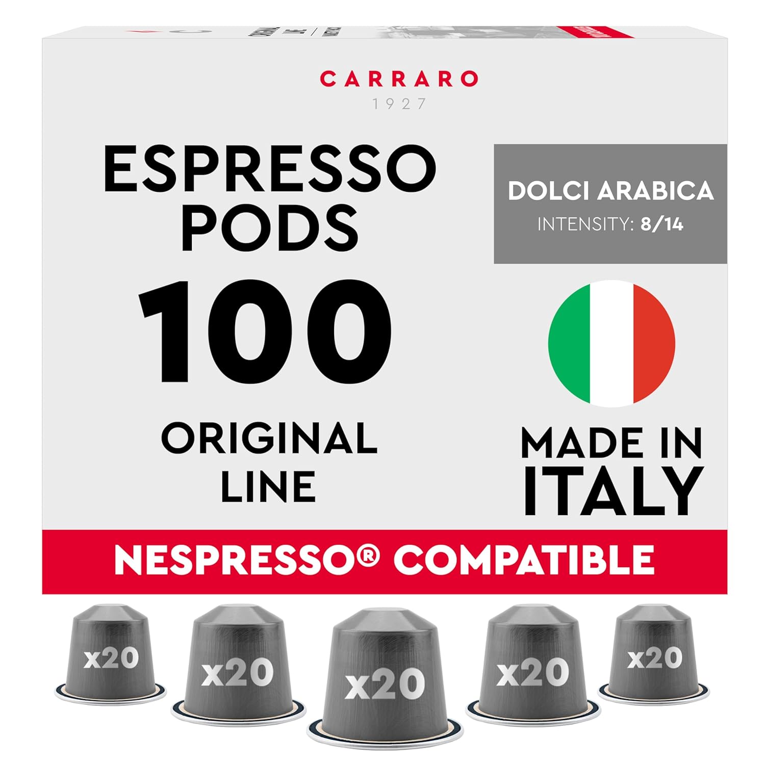 CARRARO 1927 Dolci Arabica - 100 Aluminum Coffee Pods Compatible with Nespresso Original line - Intensity 8/14, Medium Roast 100% Arabica Coffee Capsules Made in Italy