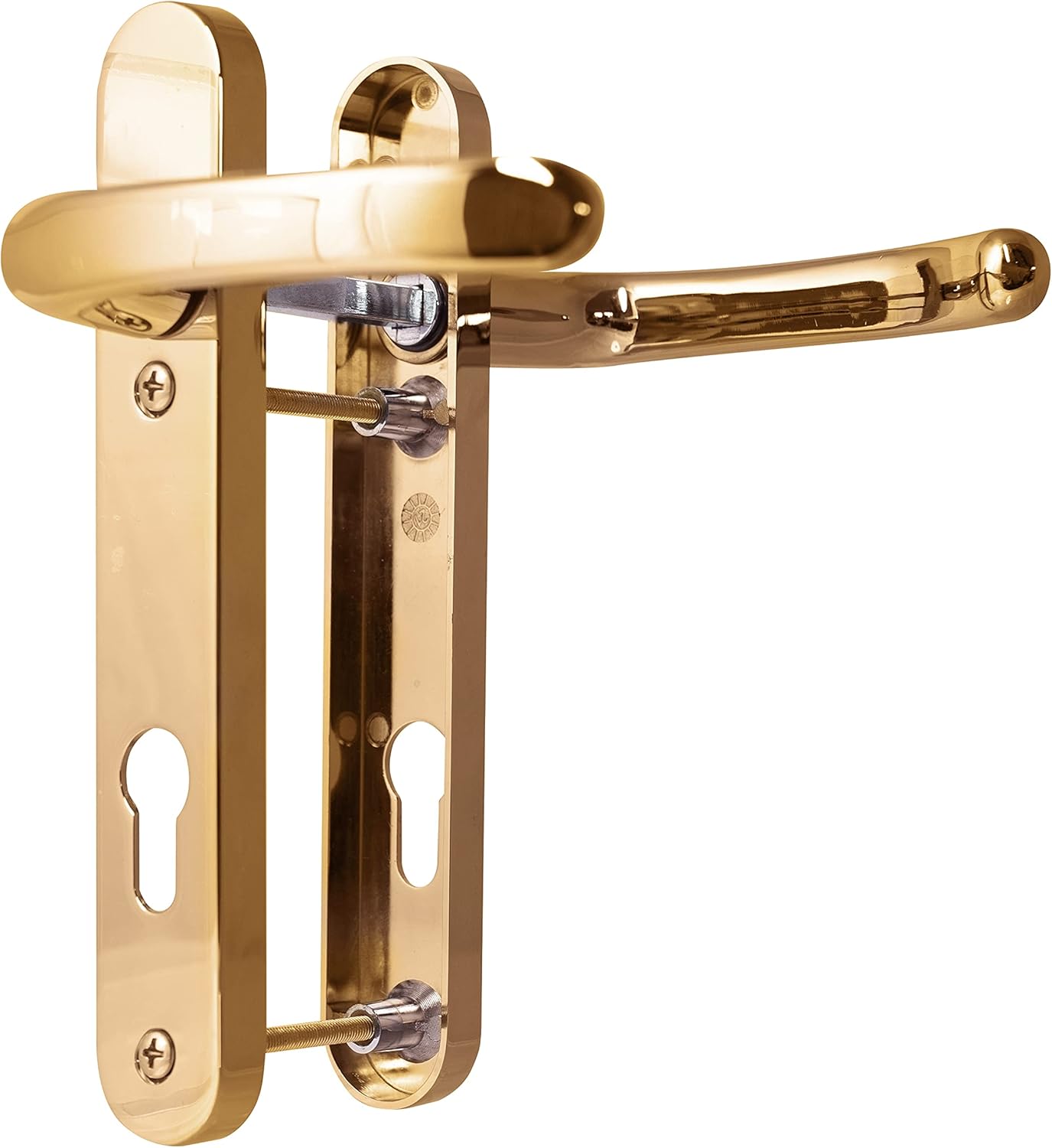 UPVC Door Handles Set - Polished Brass - Lever/Lever - 92mm PZ (Centres) - 122mm Screw to Screw - Backplate 212mm X 34mm - UPVC Door Handle - Polished Brass Replacement Handles - PVC Door Handle