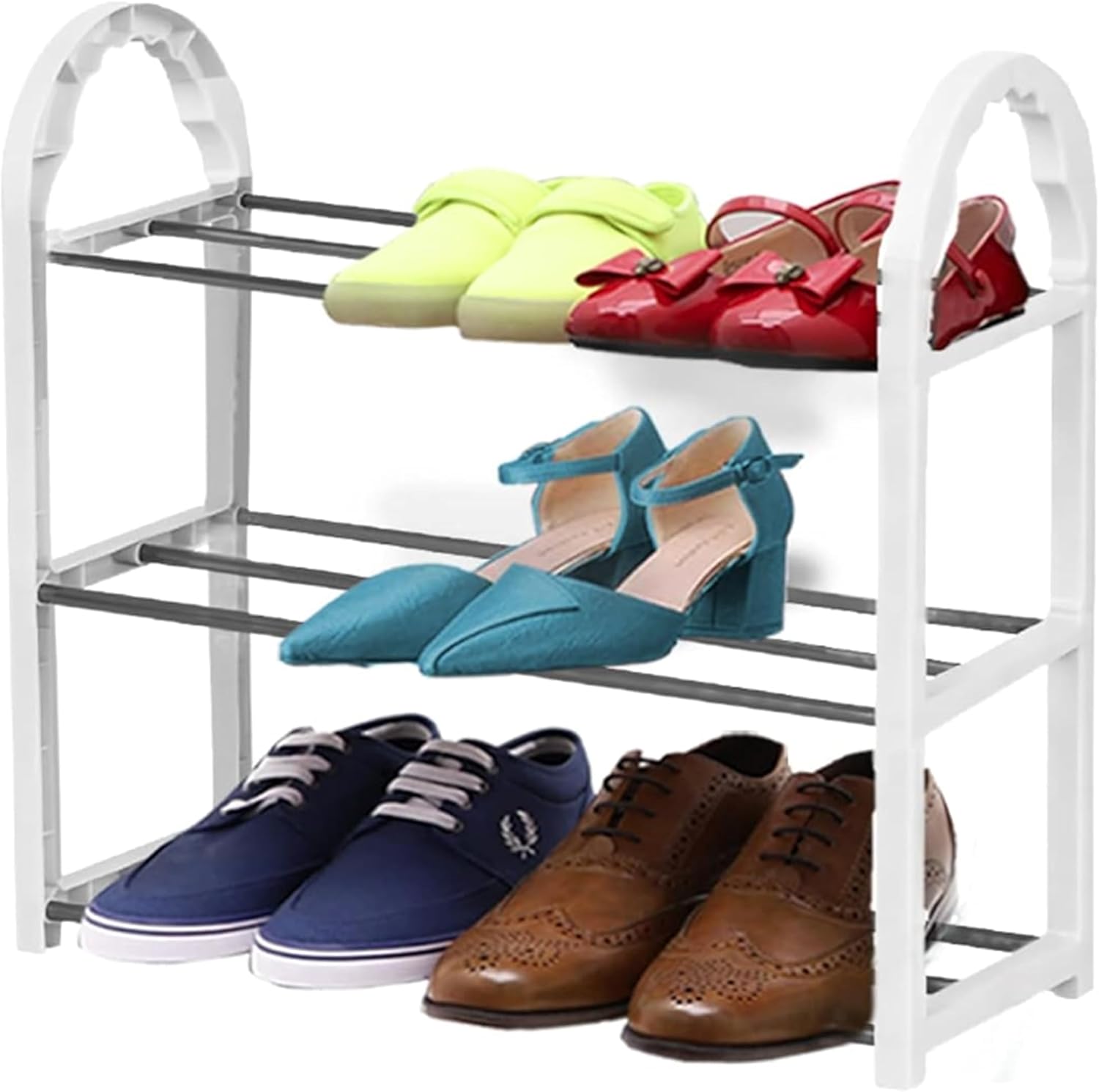 AMOS Mini 3 Tier Shoe Rack – Stackable Shoe Organizer, Durable Storage Shelf for Hallway, Bedroom & Living Room, Space-Saving, Tool-Free Assembly, White & Black