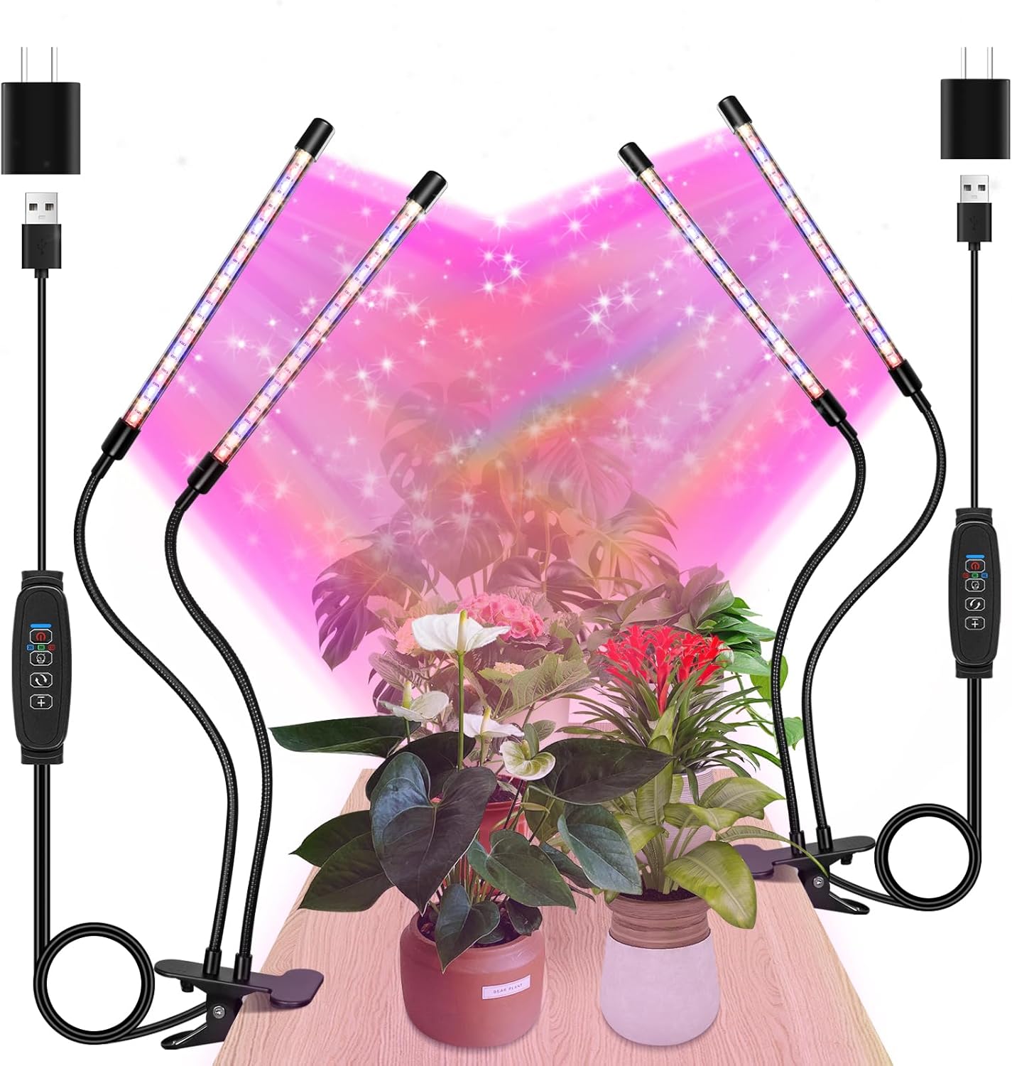 LED Grow Lights (2 Packs), 2 Heads Red Blue White Full Spectrum Plant Light with Clamp for Indoor Plants & Seed Starting, 10-Level Dimmable, Auto On Off, Timing 4 6 12Hrs