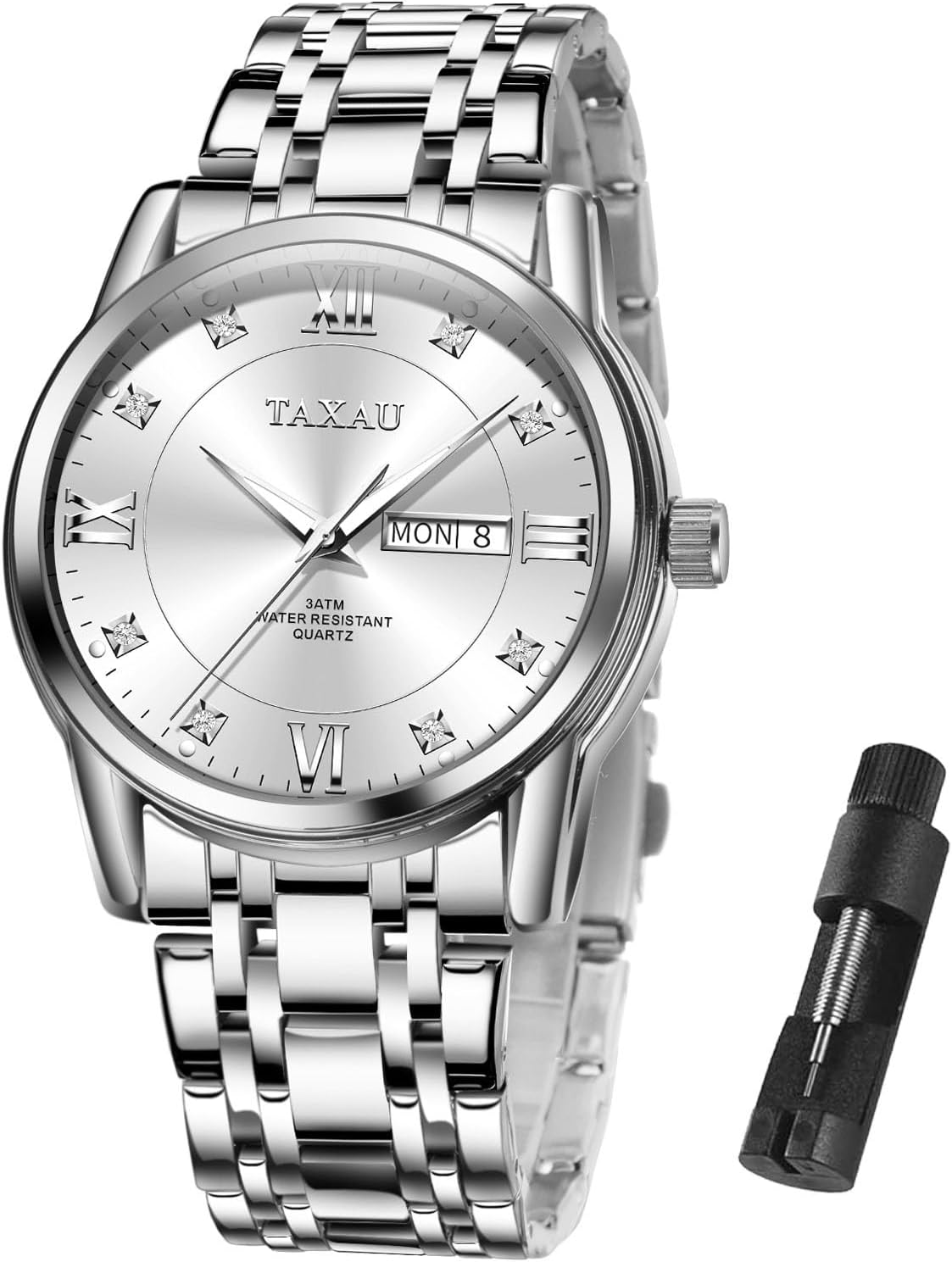 Taxau Men's Watches - Analog Quartz Wrist Mens Watches Stainless Steel - Waterproof Watch Date Luxury Silver Watch for Men
