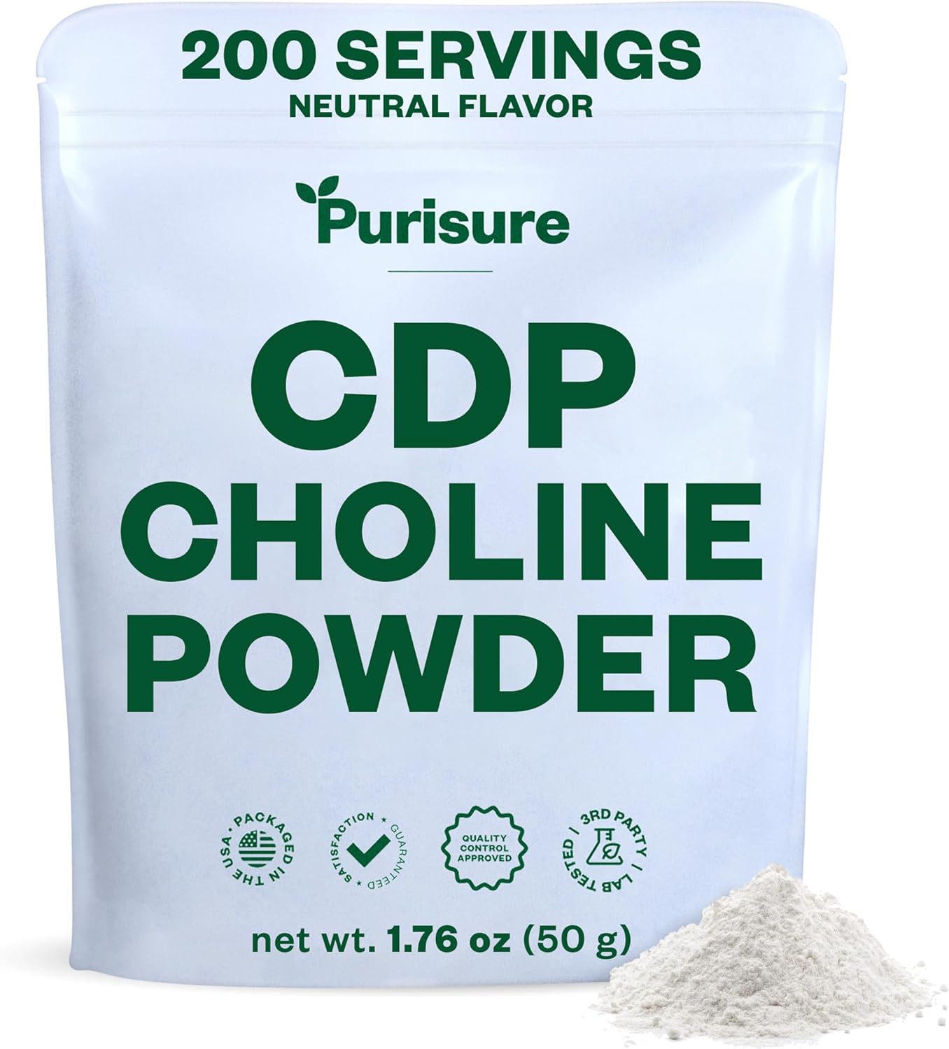 Purisure CDP Choline Powder, 50g, CDP Choline Supplements That Support Attention, Focus, and Energy, Citicoline Powder for Cognitive Function, Increases Motivation and Productivity, 200 Servings