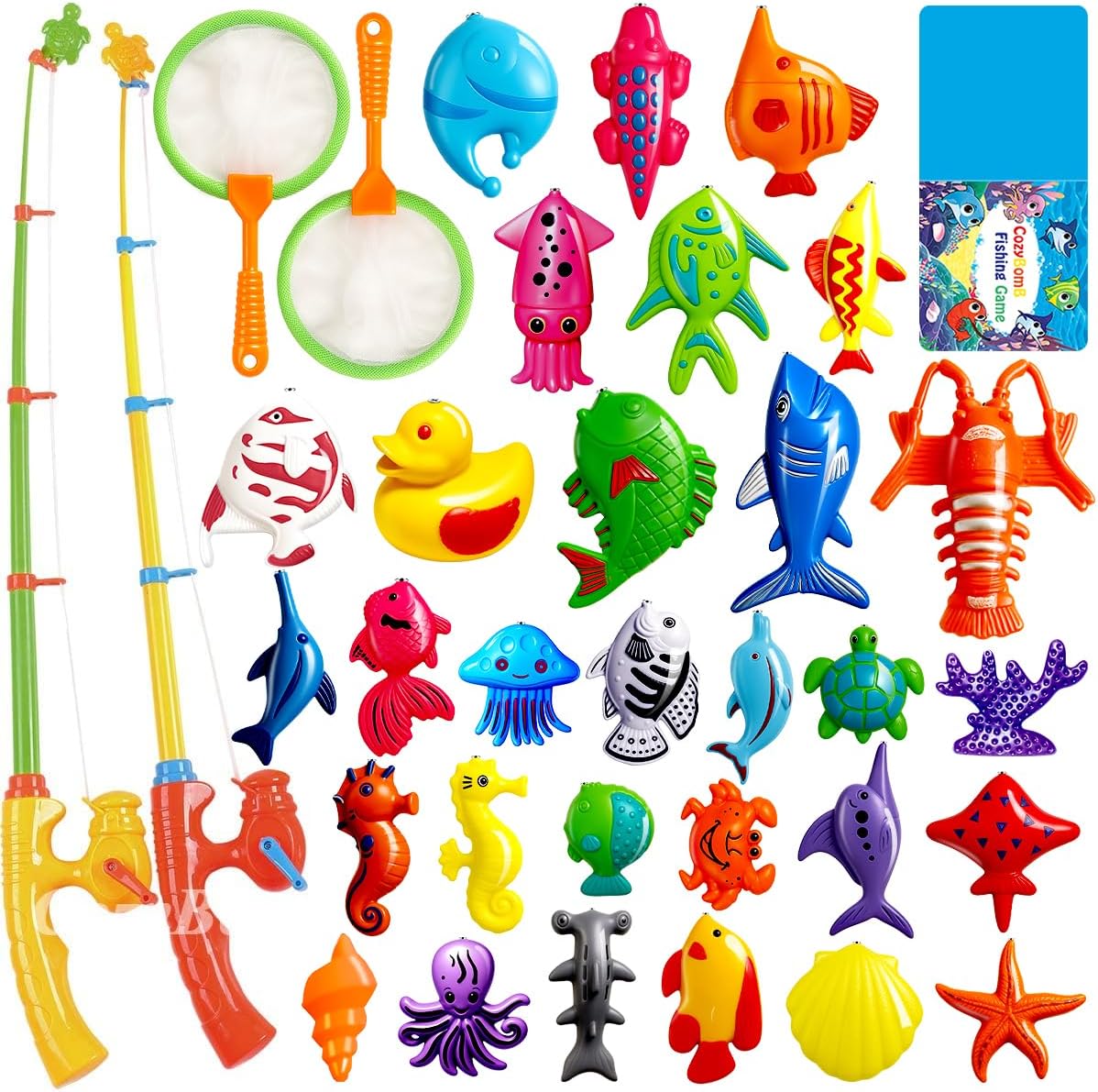 CozyBomB Magnetic Fishing Toys Game Set for Kids for Bath Time Pool Party with Pole Rod Net, Plastic Floating Fish - Toddler Education Teaching Christmas Birthday Gifts for Kids Ocean Sea Animals