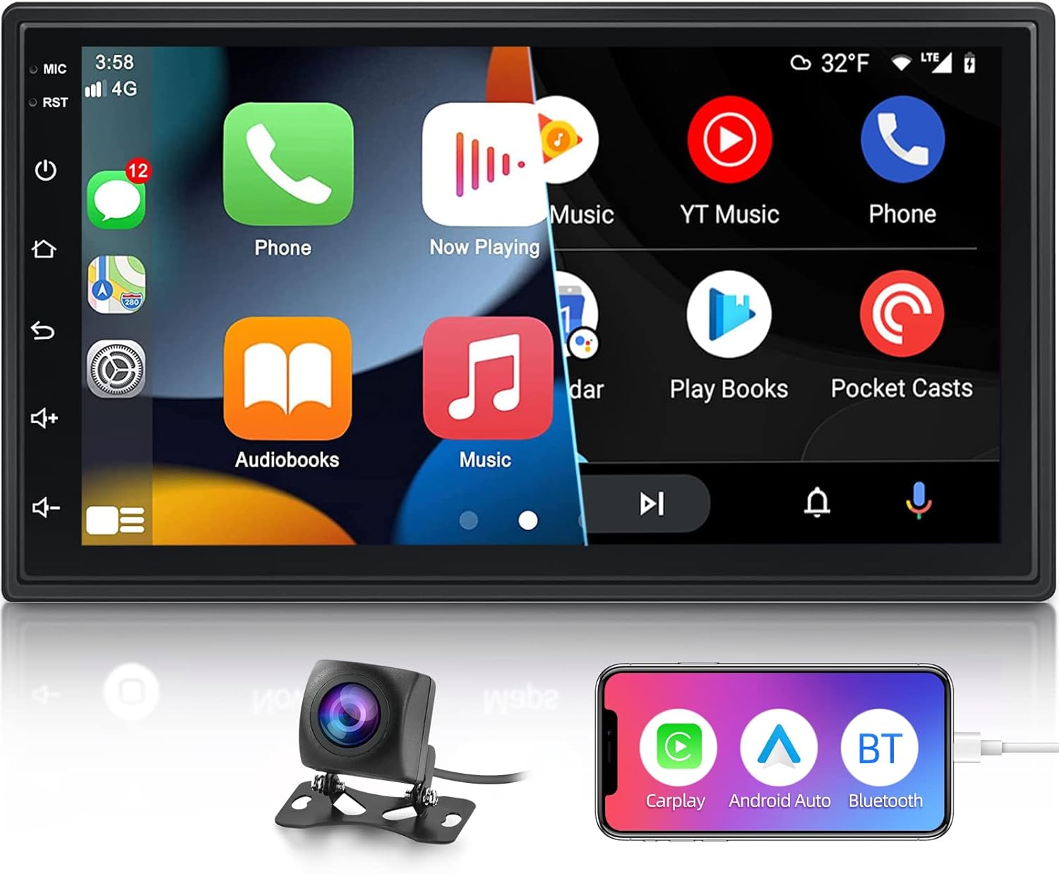 Double Din Car Stereo Compatible with Apple Carplay and Android Auto 7 Inch 2.5D Touch Screen Car Radio with Bluetooth and Backup Camera Support Mirror Link and Subwoofer