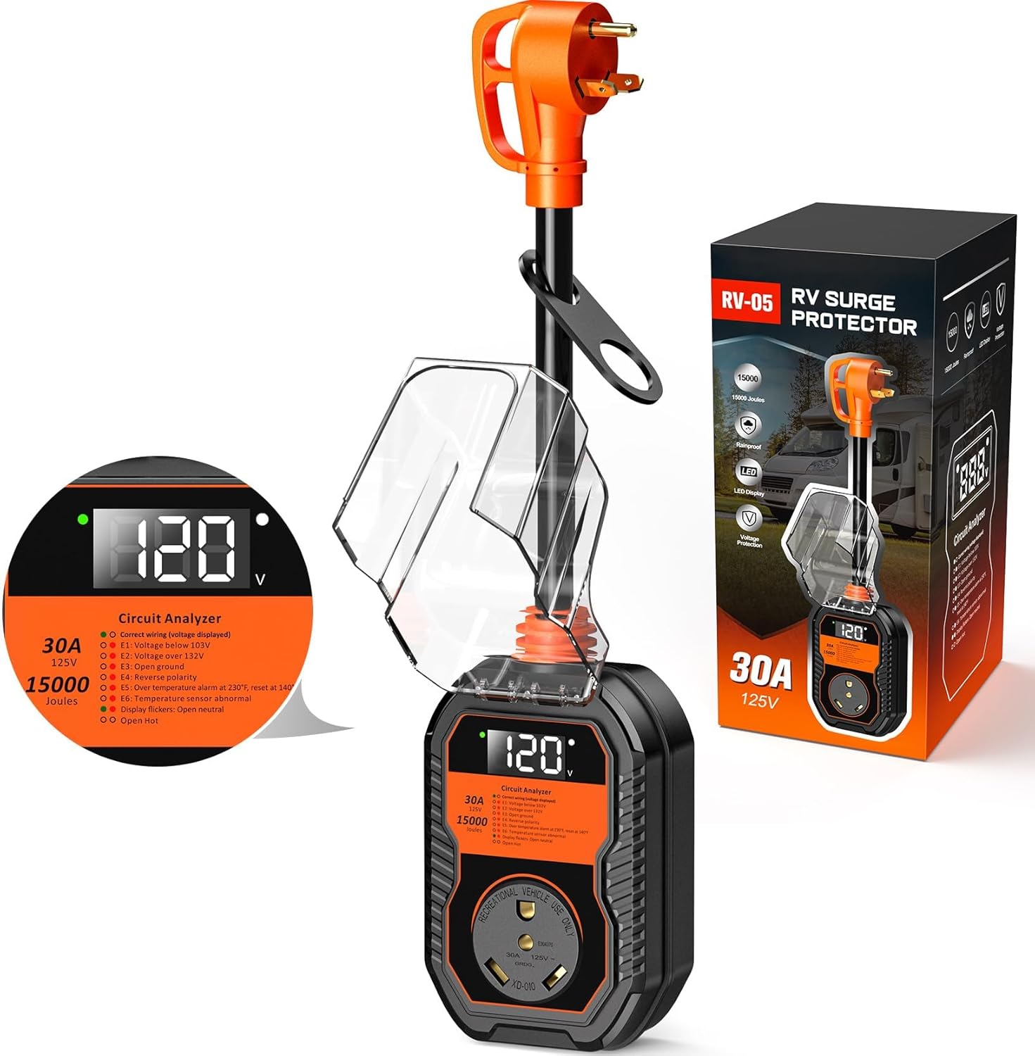 15,000J RV Surge Protector 30 Amp with LED Display, 30 Amp RV Surge Protector with Voltage Monitoring, Clear Error Codes, Comprehensive Detection, IP68 Waterproof Cover