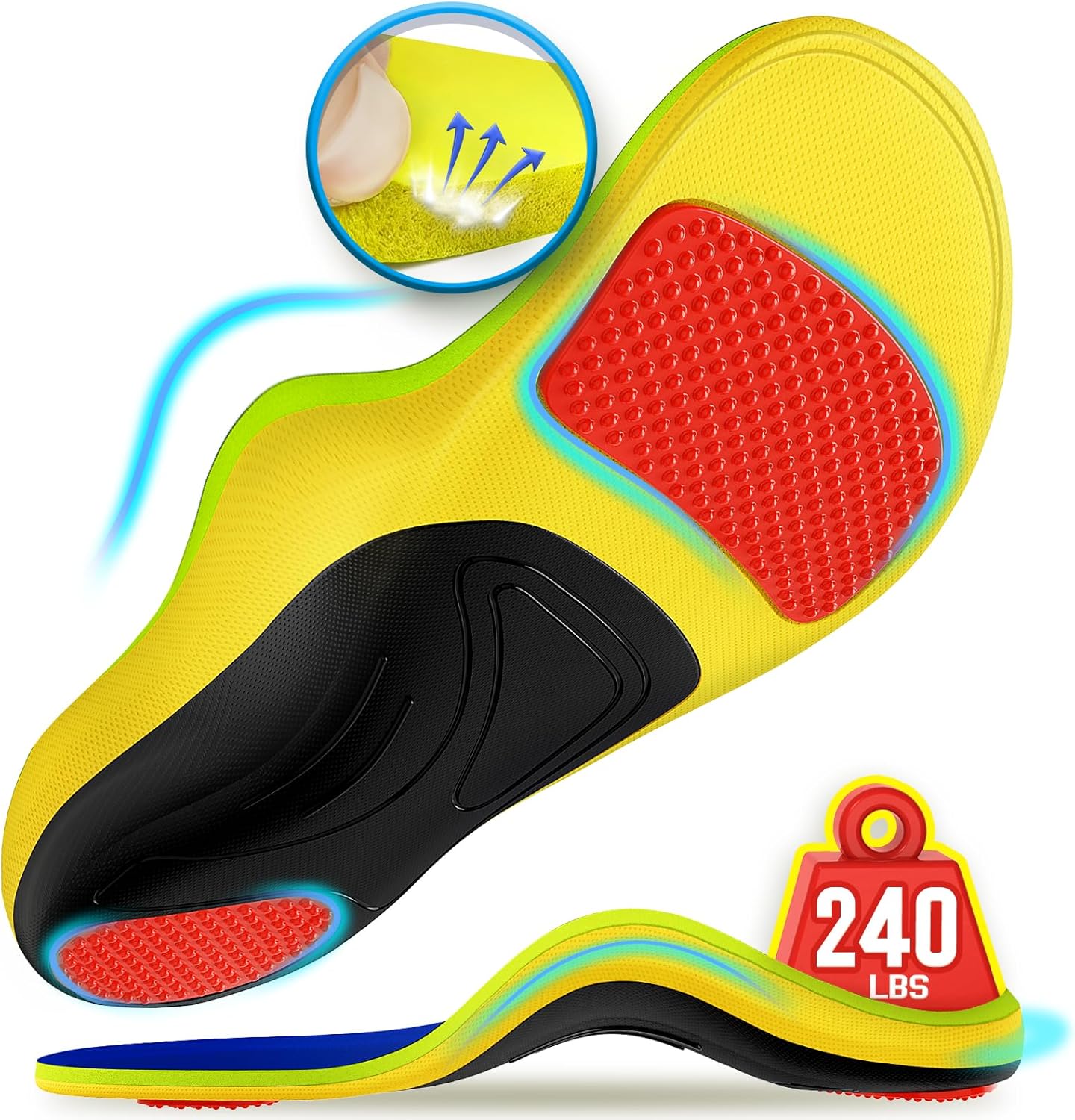 240+lbs Plantar Fasciitis Relief Insoles Men Women, 100% Memory Foam Comfort Shoe Insoles for Pain Relief, Heavy Duty High Arch Support Inserts for Flat Feet, Work Boot Orthotic Insoles Absorb Shock