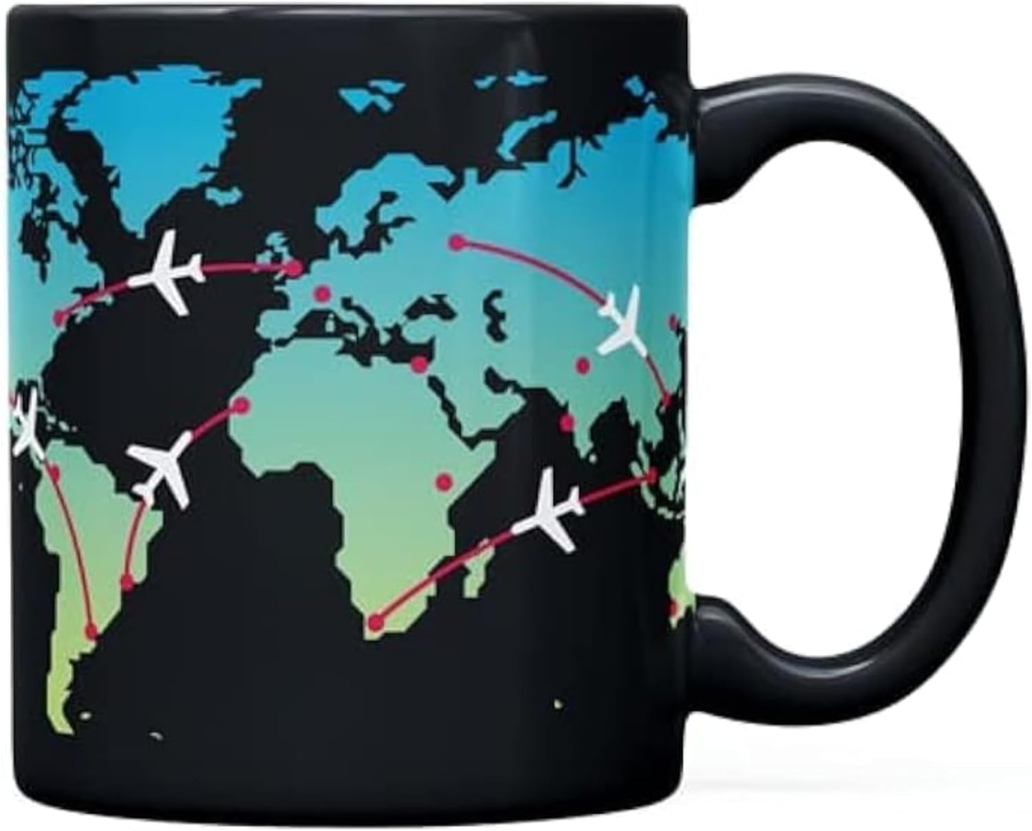 World Map Mug with Airplanes - Colour Changing with Heat - Gift for Pilots, Travellers and Aviation Enthusiasts - Ceramic