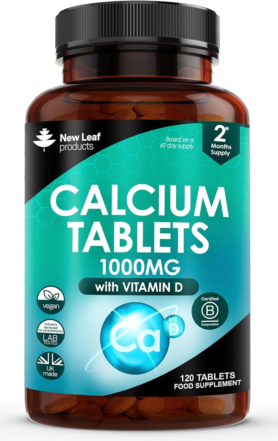 Calcium and Vitamin D3 Tablets - Calcium Supplement - 120 High Strength Tablets with Vitamin D3 - Made in The UK by New Leaf Bone & Muscle Health