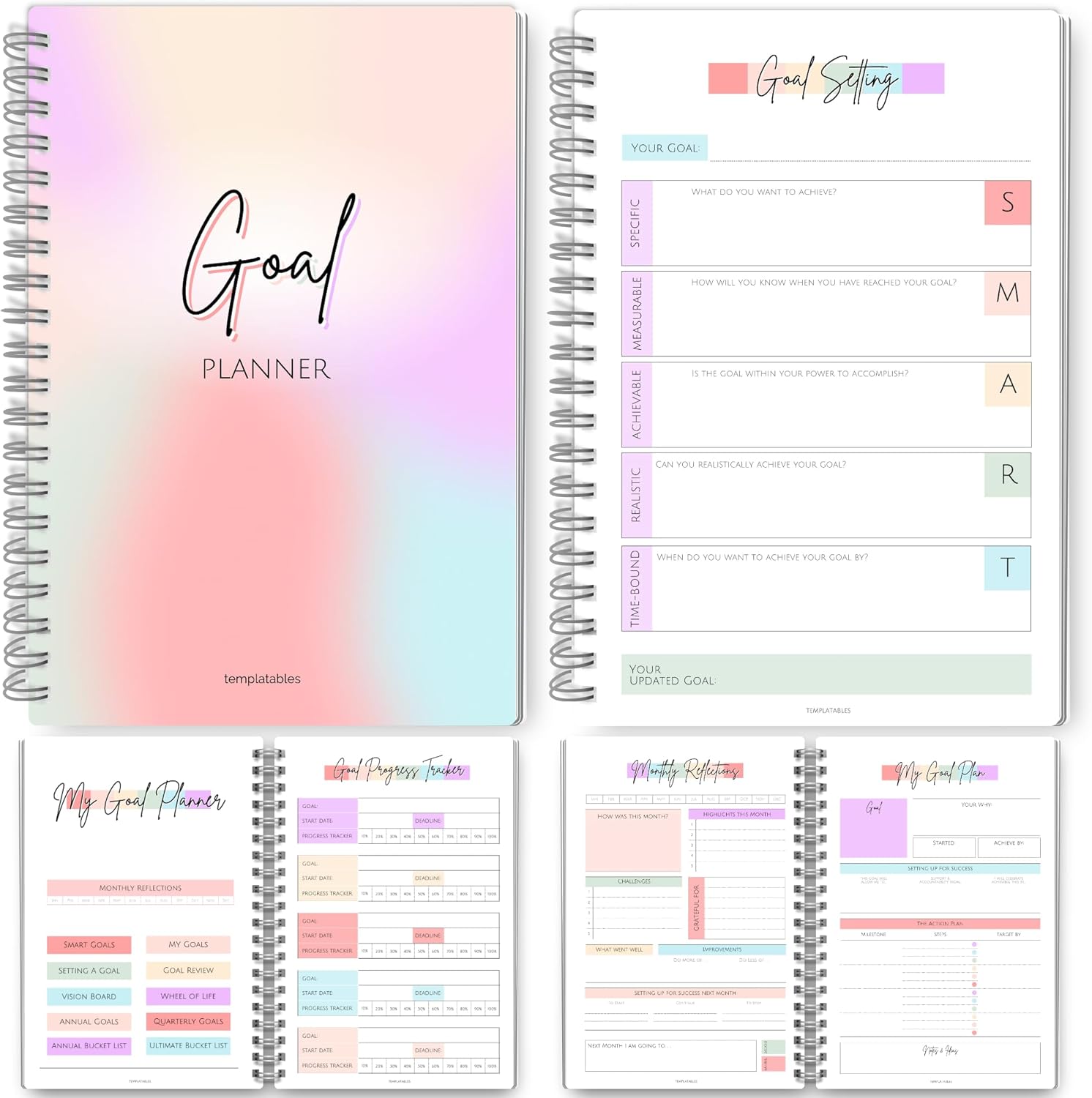 Goal Planner | SMART Goal Setting Kit for the New You, Monthly Habits, Reflections & Vision Boards | Pastel Rainbow A5