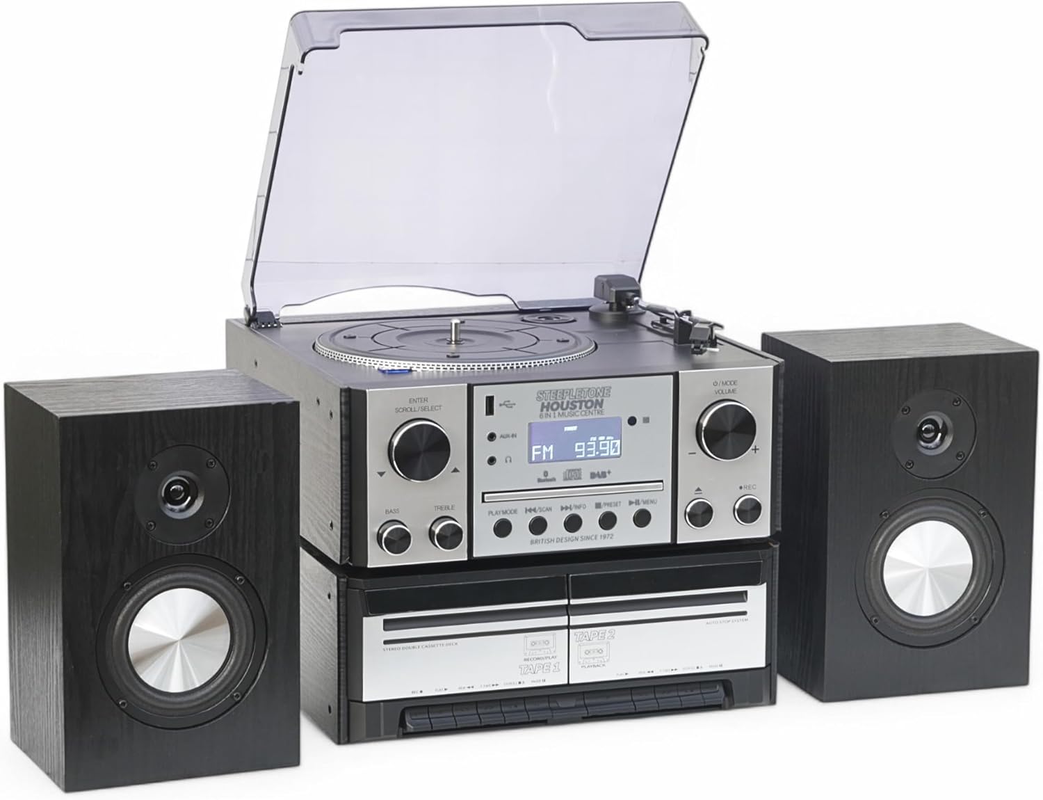 Steepletone HOUSTON XP Silver 6 in 1 Music Centre, Bluetooth Vinyl Record Player, Turntable with CD, Cassette, DAB+ / FM Radio, USB MP3 playback & Encoding, NEW 25Watt High Power Wireless Speakers
