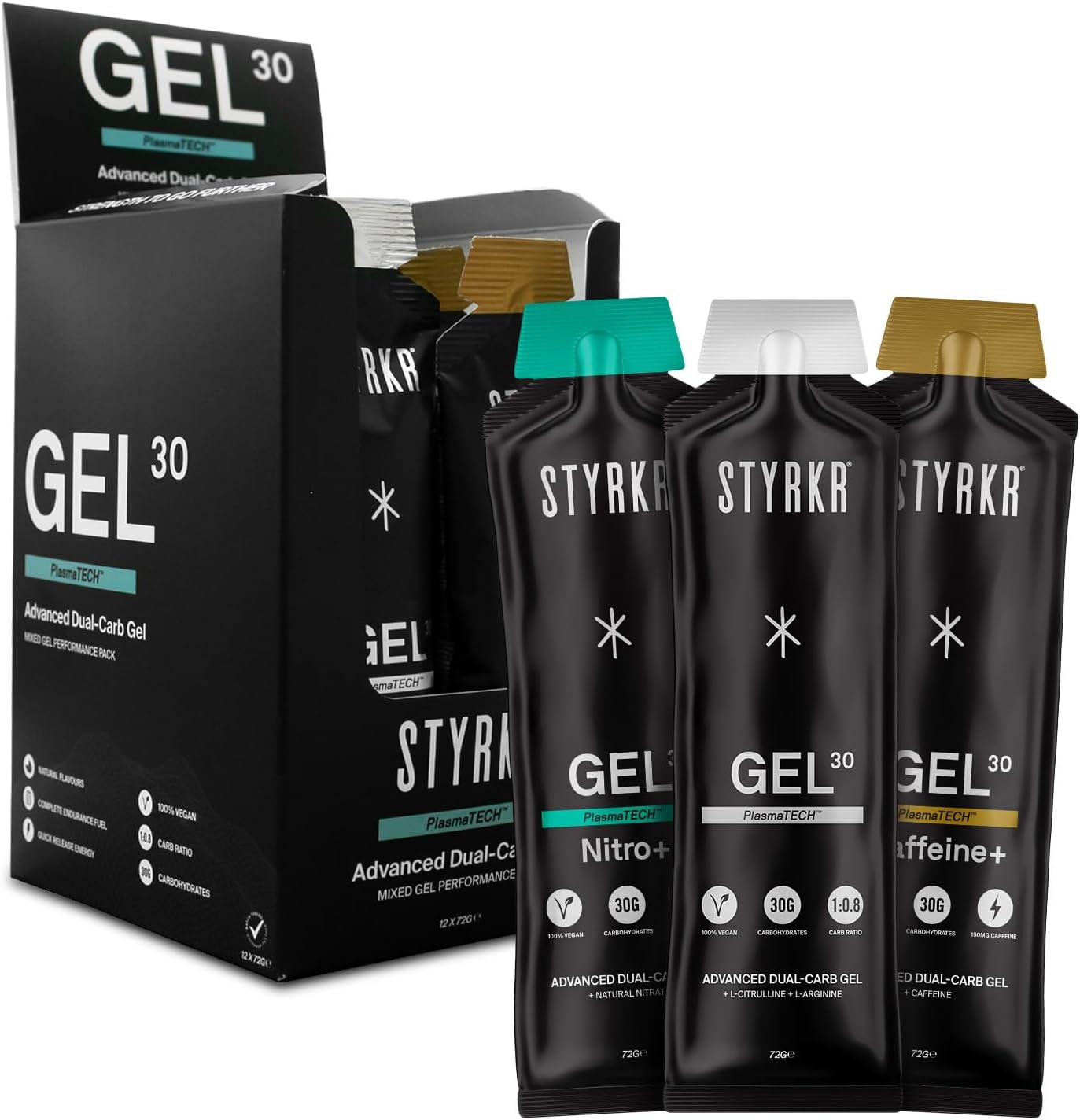 GEL30 Mixed Energy Gels by Styrkr - 30g of Carbs - Pack of 12 (4X GEL30 + 4X GEL30 Nitro + 4X GEL30 Caffeine) Energy Gels for Cycling & Running - for Endurance Athletes - Dual-Carb Formula - 12x Pack