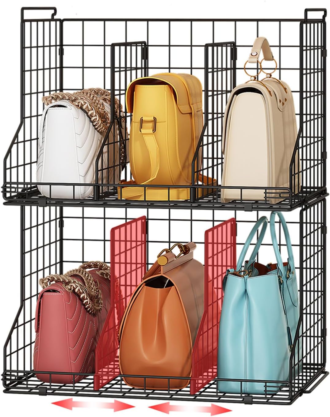 Sonyabecca Purse Storage Organizer for Closet : Adjustable Dividers Handbag Organizer - Stackable Wire Handbags Storage Baskets - Wallets Tote Chain Bags Clutches