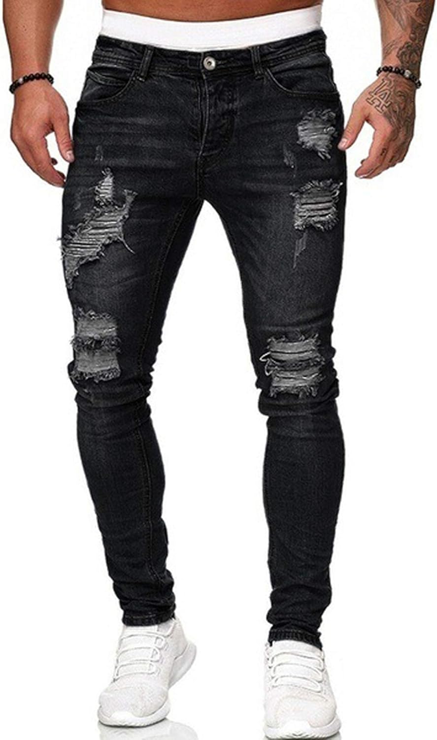 Men's Stretch Skinny Ripped Jeans, Super Comfy Distressed Denim Pants with Destroyed Holes
