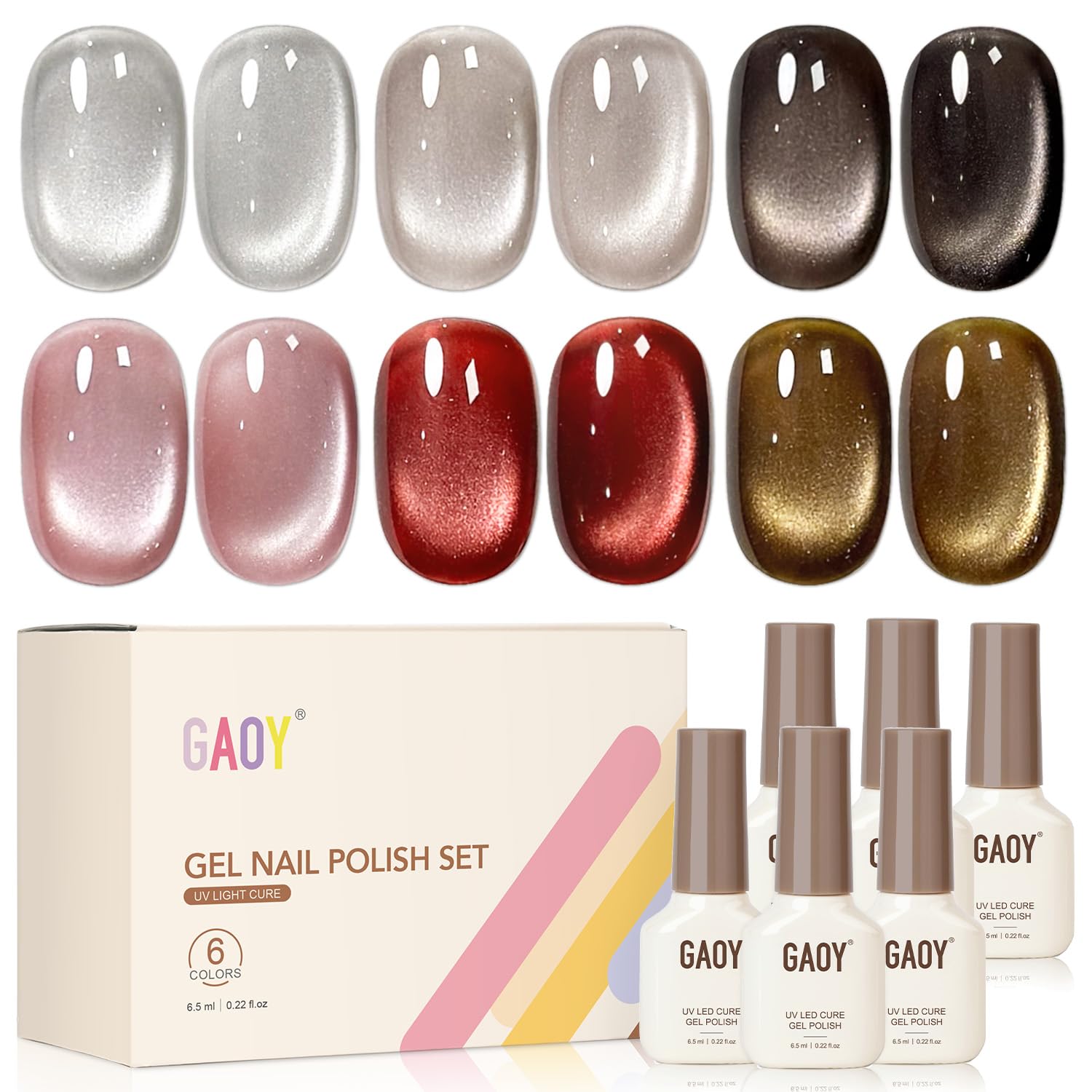 GAOY Glitter Cat Eye Gel Nail Polish Set with Magnet, Red Brown Pink Colors | Holographic Retro Maillard, Nail Art DIY at Home, Salon Manicure Pedicure, Christmas Holiday, Gift for Women