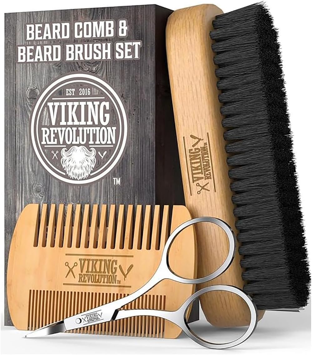 Viking Revolution - Beard Brush For Men - Natural Boar Bristle Brush And Dual Action Pear Wood Beard Combs With Velvet Travel Pouch - Mens Gifts - 3 Pieces