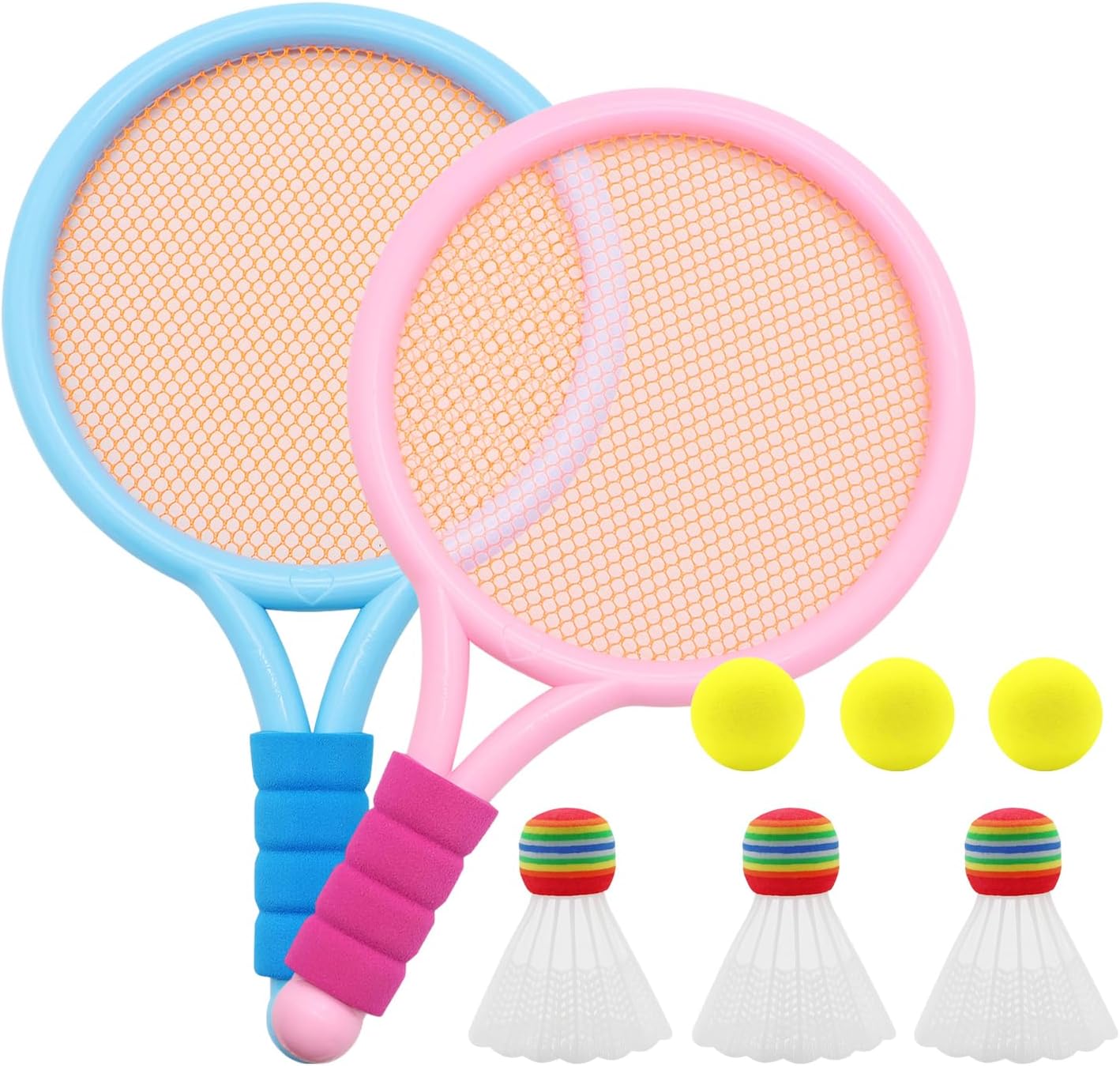 Aleker Kids Tennis Rackets, 2 Pcs Tennis Rackets with 3 Tennis Balls and 3 Badmintons, Lightweight Badminton Set for Kids, Kids Tennis Set for Children Indoor Outdoor Sports Game