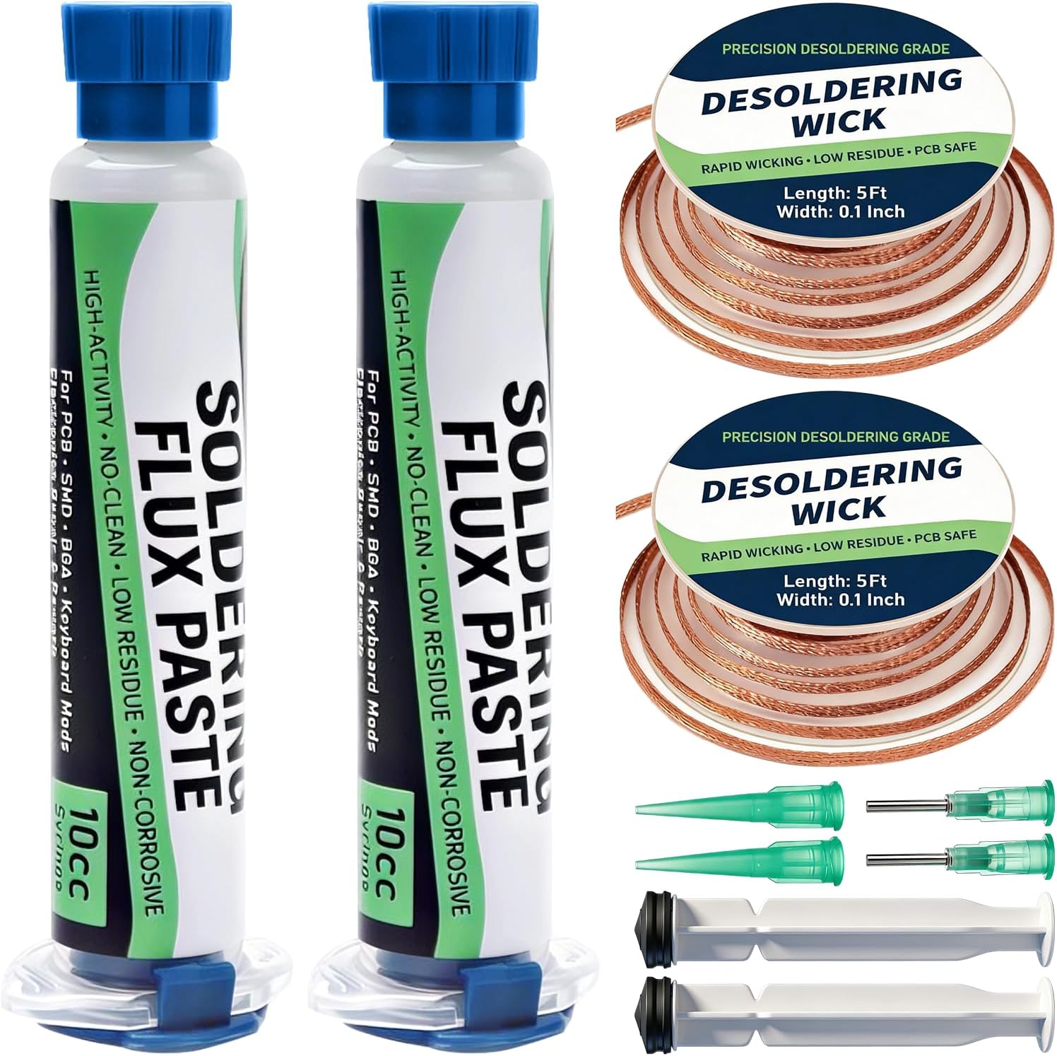 Solder Flux Paste & Desoldering Wick: No Clean Rosin Handy Flux Syringe + Solder Wick Braid Circuit Board Electrical Repair Soldering Accessories Kit, Electronics Soldering Supplies & Desoldering Tool