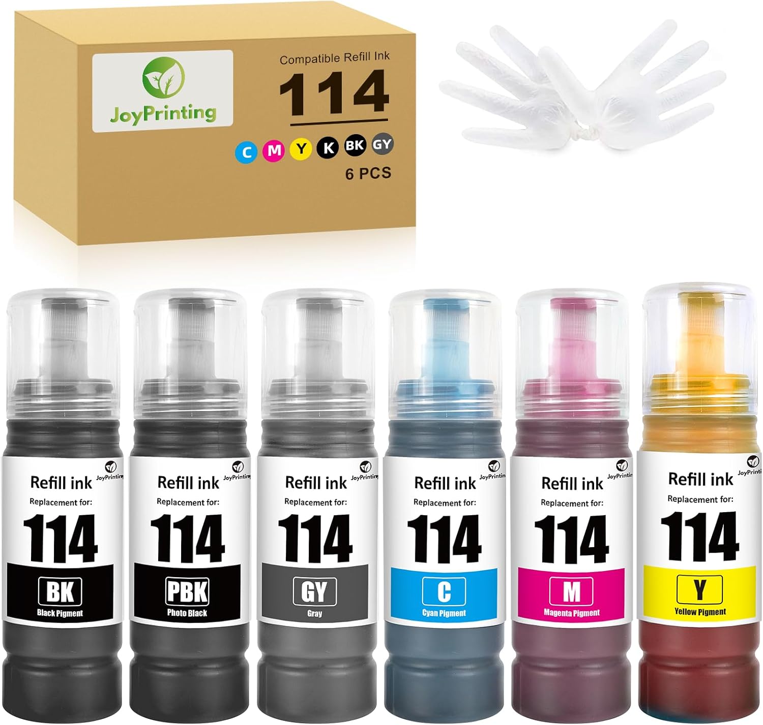 JoyPrinting 114 Ink Replacement for Epson 114 Ink Bottle Multipack Compatible for EcoTank ET-8500 ET-8550 (6-Pack, Black/Photo Black/Cyan/Magenta/Yellow/Grey)