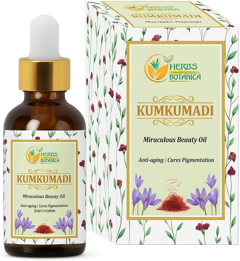 Herbs Botanica Kumkumadi Oil Pure Ayurveda Face Oil with Saffron, Serum Face Moisturizer 26 Herbs 30 Ml