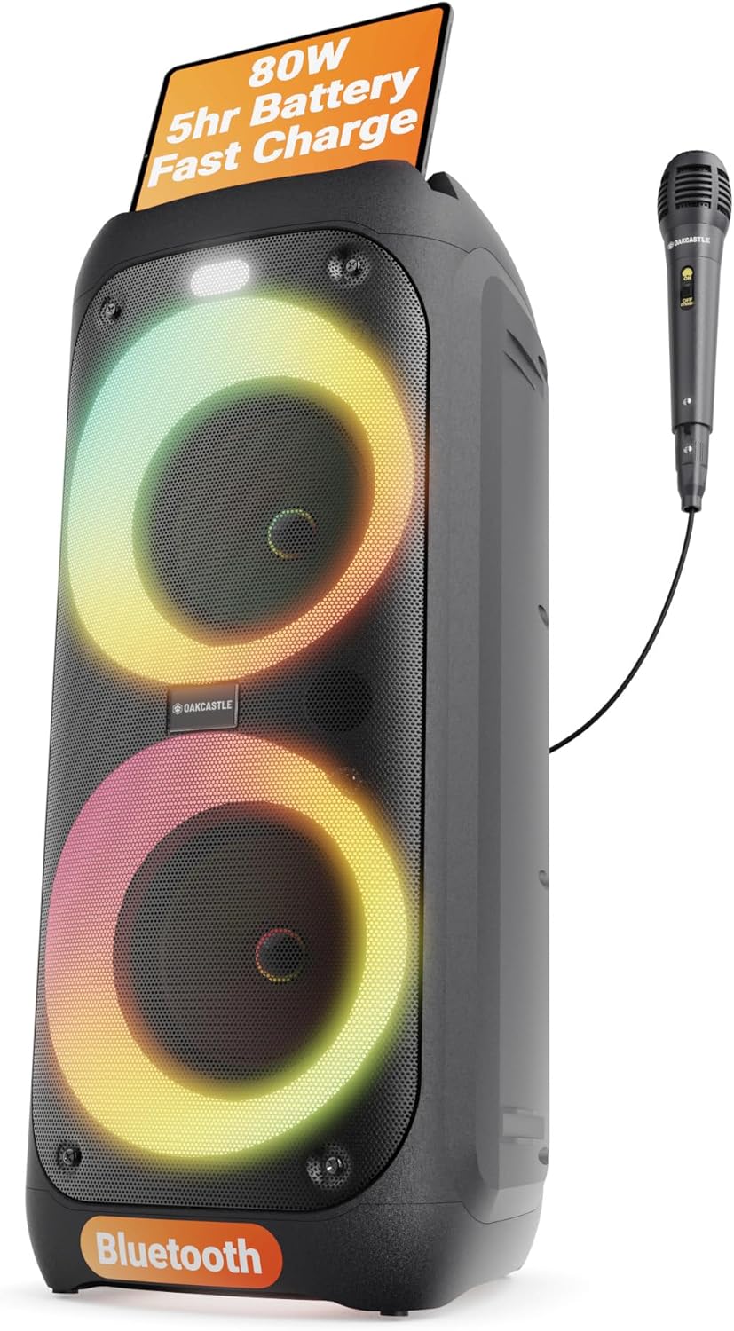 Portable Bluetooth Party Speaker | 80W Power & Rechargeable Battery up to 5H | Big Bluetooth Speaker 2.0 with Wired Microphone | Karaoke Mode, Party LED Lights & EQ Control | Oakcastle PS200