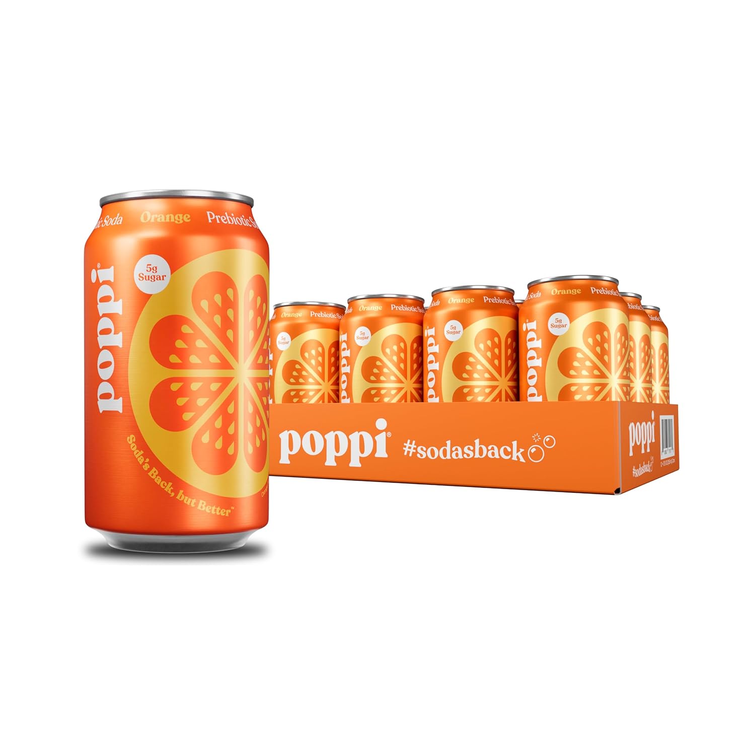 Poppi Sparkling Prebiotic Soda Beverage with Apple Cider Vinegar, Seltzer Water and Fruit Juice, Orange Flavor, 12 oz, Pack of 12, Packaging May Vary