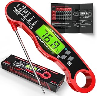 Instant Read Meat Thermometer for Grill and Cooking, Waterproof Fast Food Thermometer with Backlight, Digital Food Probe for Kitchen Cooking, Candy Making, Outside Grill - Red