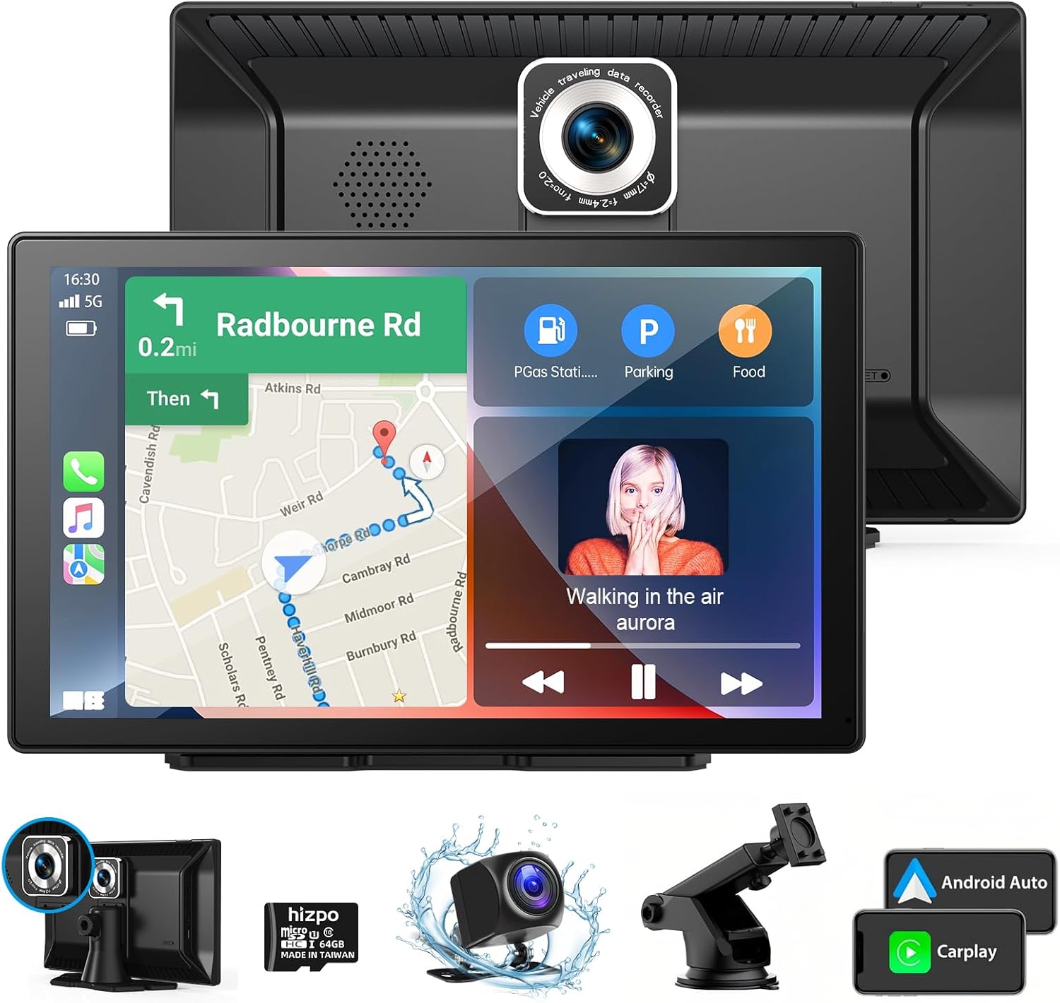 9" Carplay Screen for Car, Portable Car Stereo with Wireless Carplay & Android Auto, 4K Dash Cam, 1080P Camera, GPS Navigation, Voice Control,Portable Car Radio with 64GB SD Card AHD Rear Camera