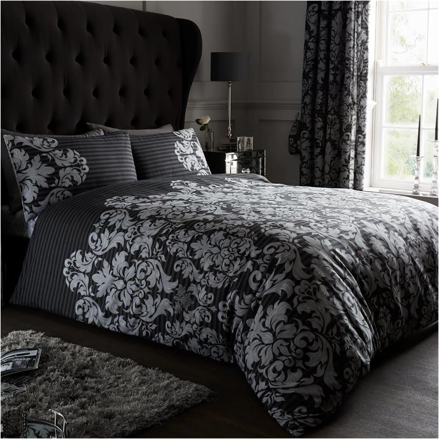 Gaveno Cavailia Luxurious Empire Damask Bed Set with Duvet Cover and Pillow Cases, Polyester-Cotton, Black, King, 11152743