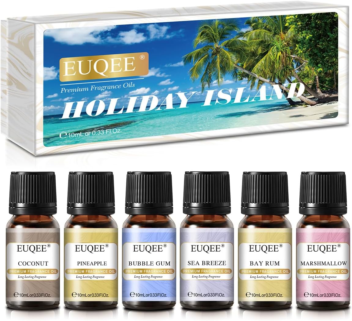 Summer Fragrance Oil Gift Set of 6，Holiday Island Essential Oils Set for Humidifier, Aromarathepy-Pineapple, Coconut, Sea Breeze, Bubble Gum, Bay Rum, Marshmallow(10ml)