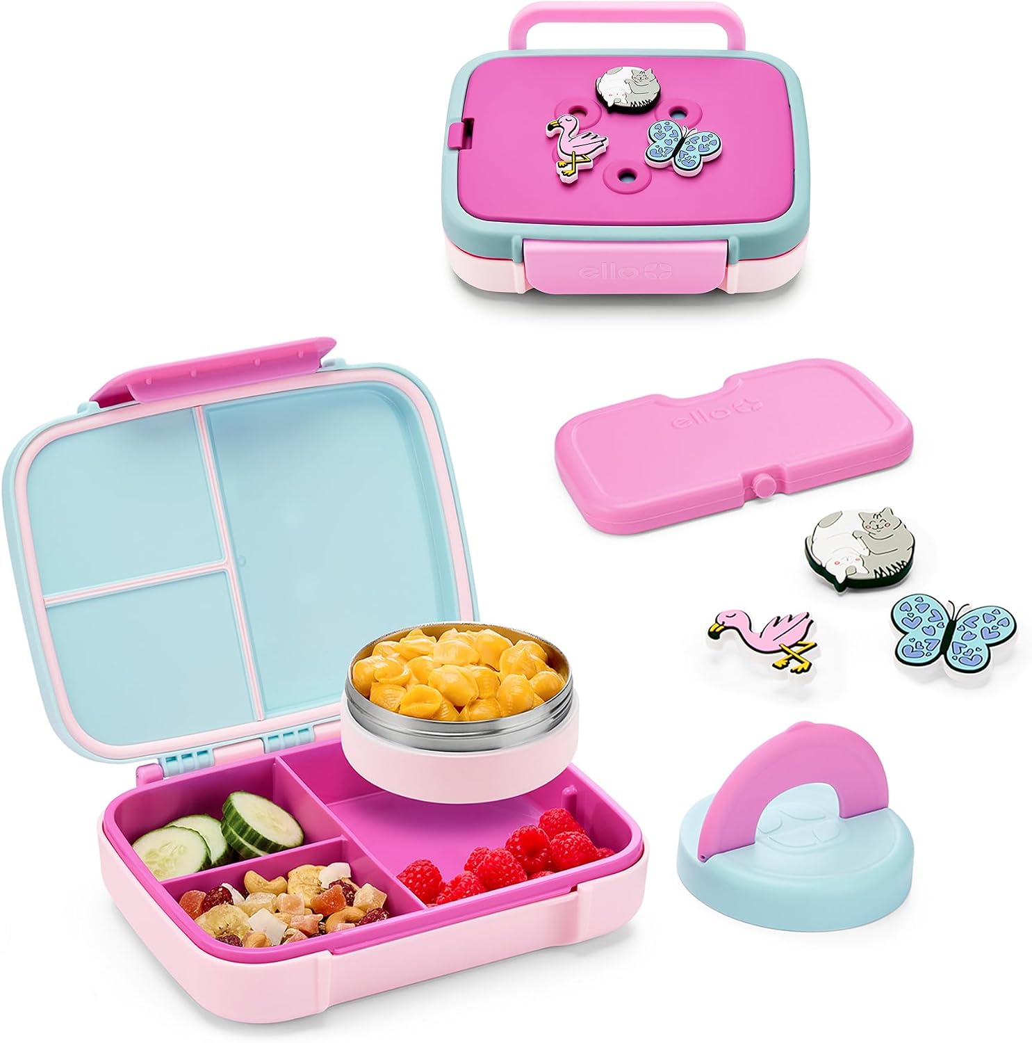 Ello Benni™ Kids Bento Box with Insulated Food Jar and Ice Pack, Leakproof Lunch Container, 3 Compartments, Charm Compatible, Hot and Cold Food Storage for School Lunch and Field Trips | Razzmatazz