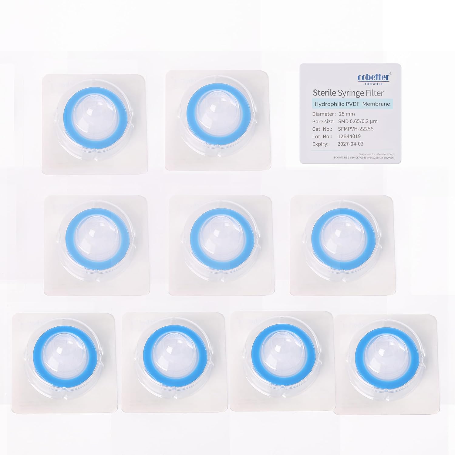 10 pcs/PK Sterile Syringe Filter Double-Layer Hydrophilic PVDF Membrane 0.2μm Lab Filters 25mm Diameter Individually Packed, Blue