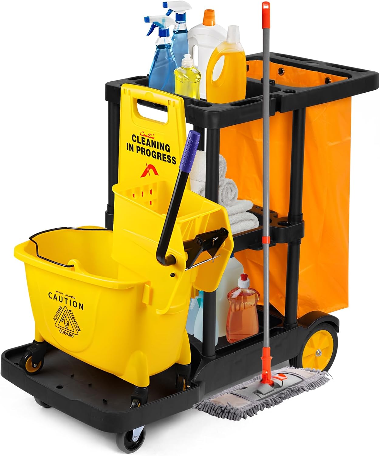 bimiti Janitorial Trolley Cleaning Cart Trolley Housekeeping Commercial Cleaning Utility Service Cart Large Capacity Utility Oxford Bag,Side Hook Design,&Swivel Wheels