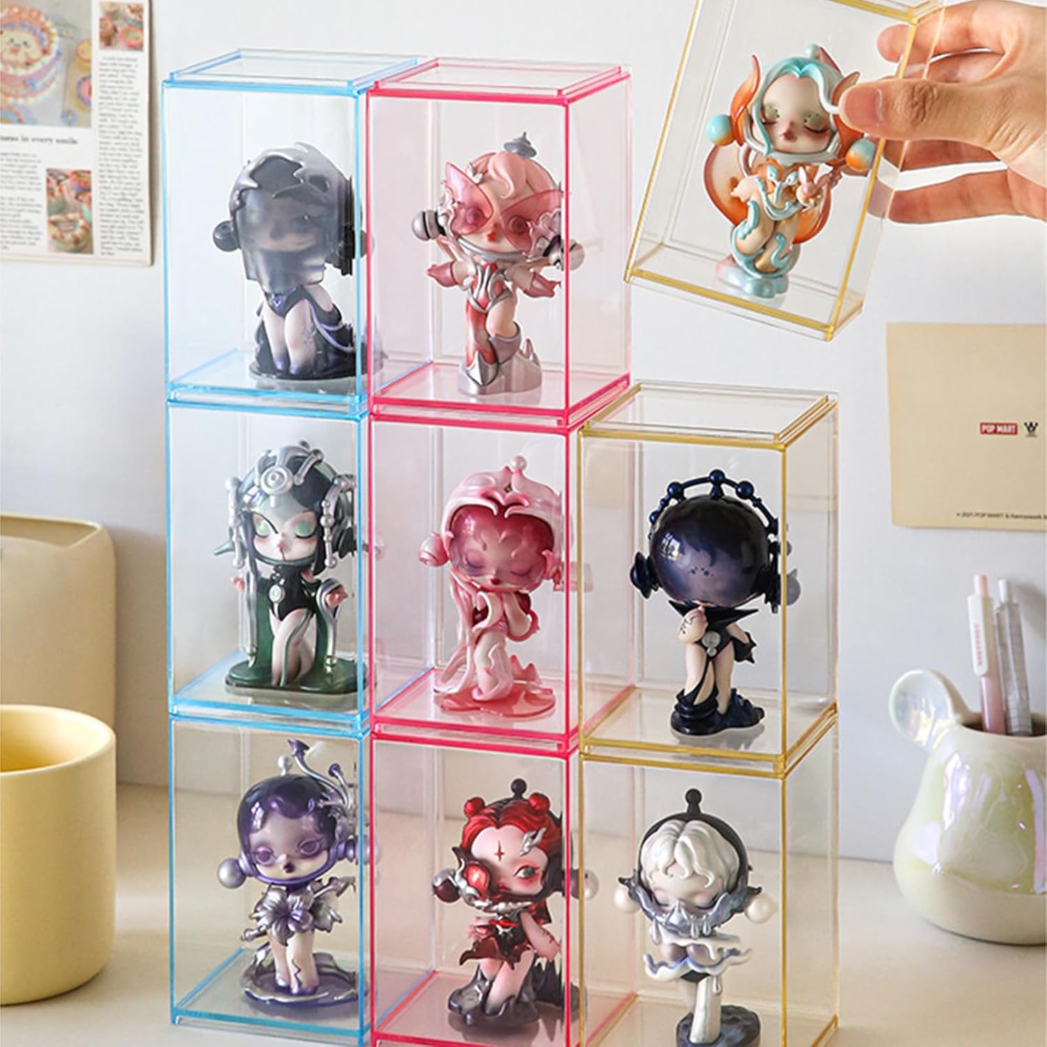 3 PCS Acrylic Display Boxes Colorful Figures Display Case for Funko Pop Figures, Stackable Blind Box Fully Assembled Dustproof Storage Organizer Box for Lego Collectibles Action Figures Pop Mart