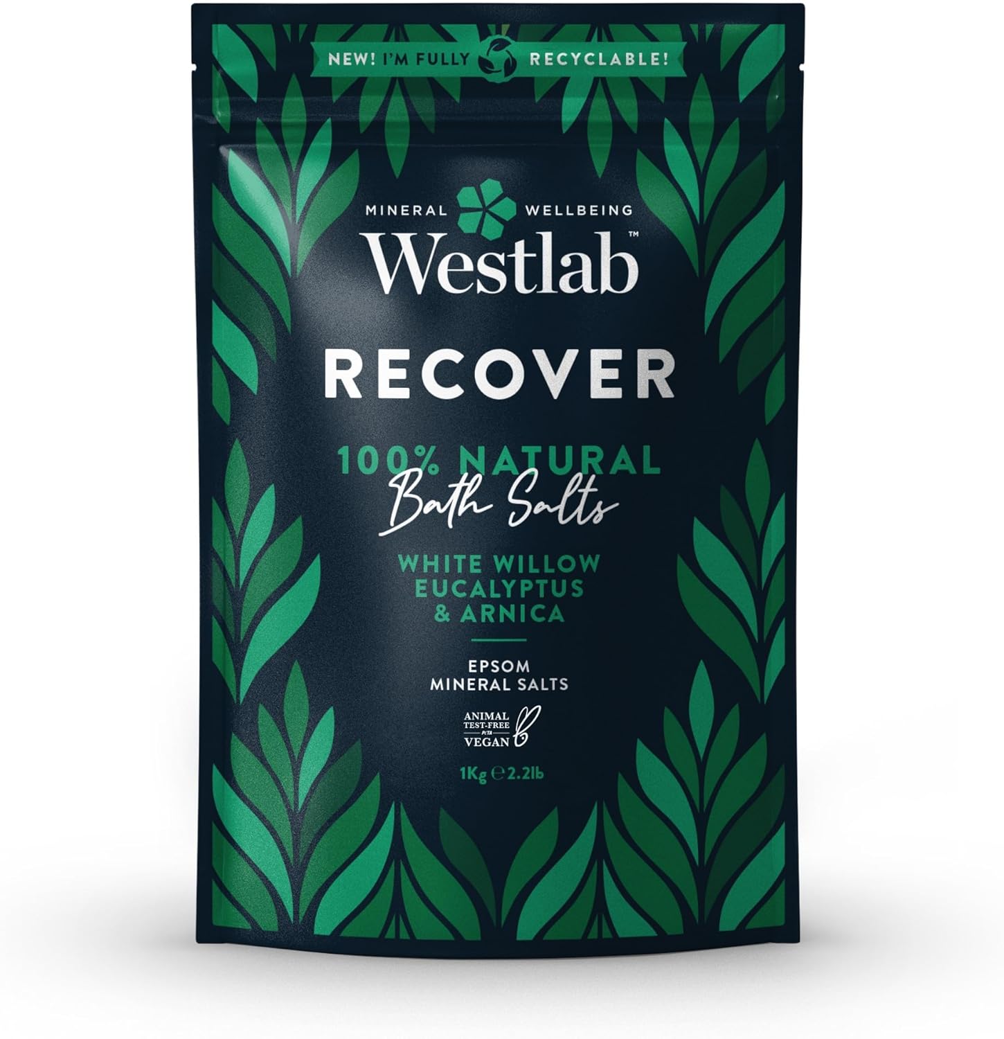 Westlab - 1kg - Recover Epsom Salts Infused with White Willow & Eucalyptus - Soothe Sore Muscles and Boost Recovery - Resealable Pouch