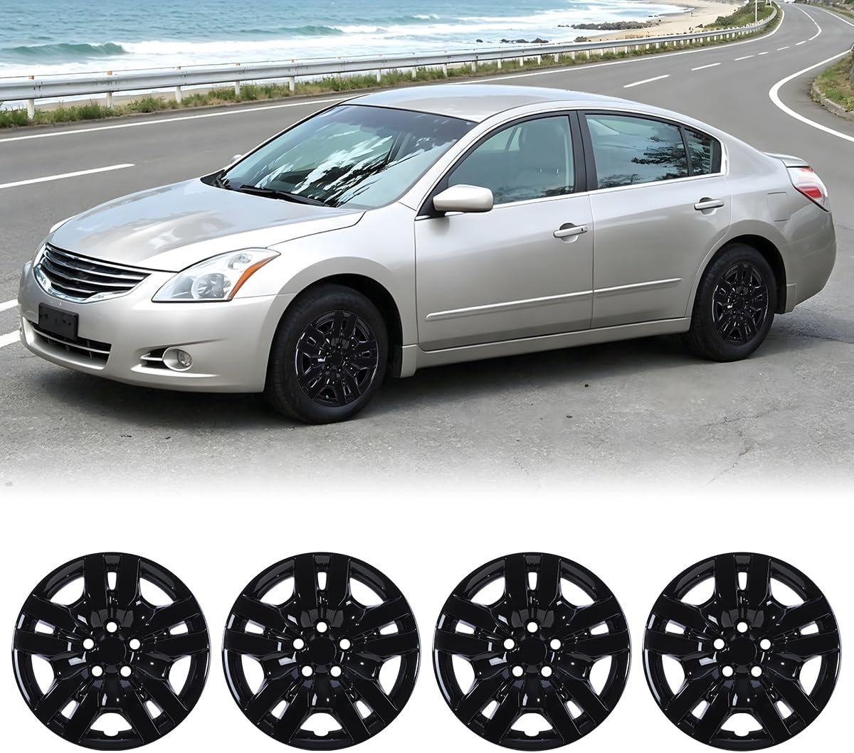 Winjet 16 Inch Hubcaps for Nissan Altima [2007 2008 2009 2010 2011 2012] & Nissan Altima Coupe [2008-2009] Wheel Rim Covers, Only Fit Iron Hub - Steel Wheel (16 Inch Set of 4, Black Lacquer)
