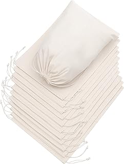 DR 100 Percent Cotton Muslin Drawstring Bags for Clothes Storage Pantry - Natural Unbleached (10 x 15 inch - 12 pack, Beige)