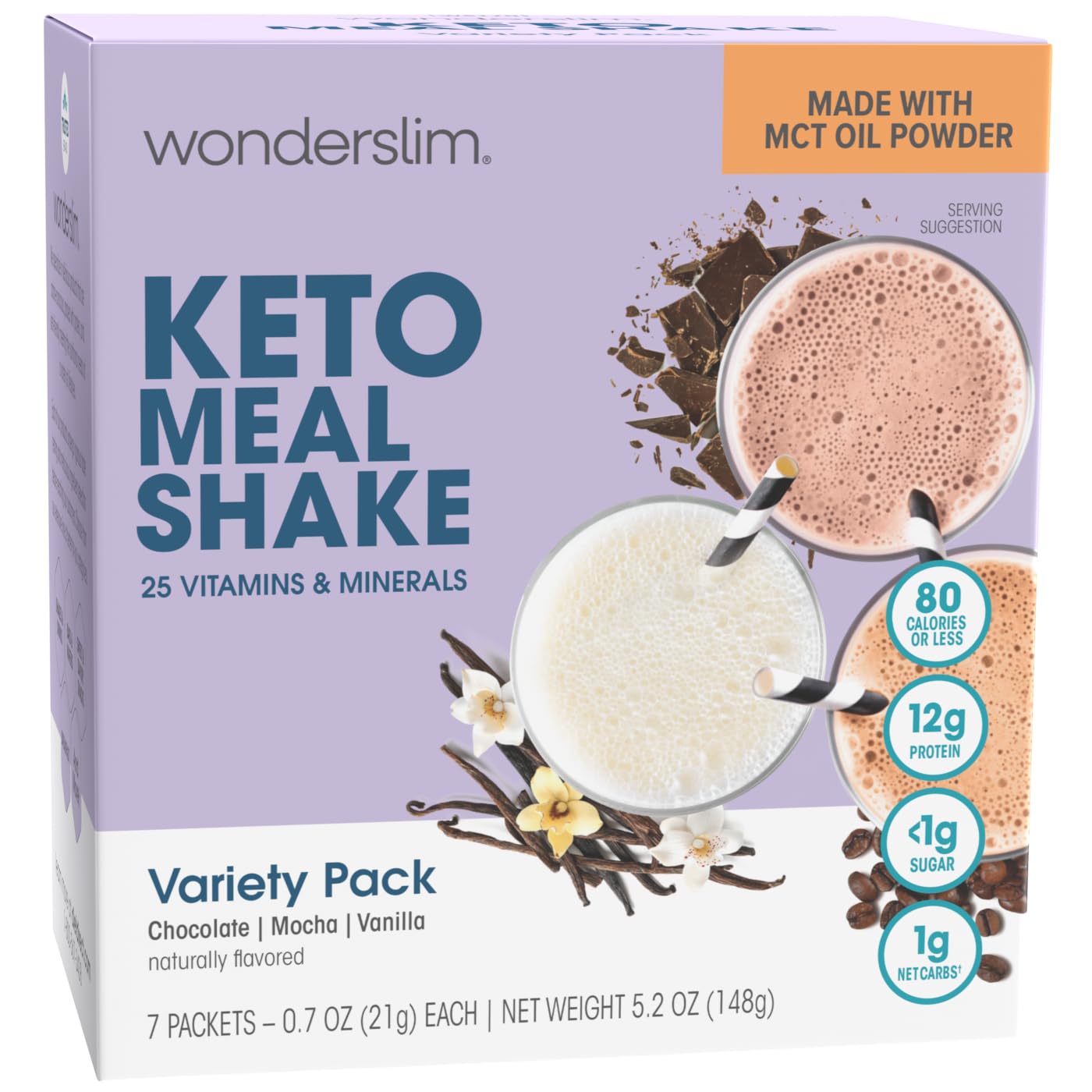 WonderSlim Keto Meal Replacement Shake, Variety Pack, Low Carb, C8 MCTs, 12g Protein, Collagen, 25 Vitamins & Minerals, Gluten Free (7ct)