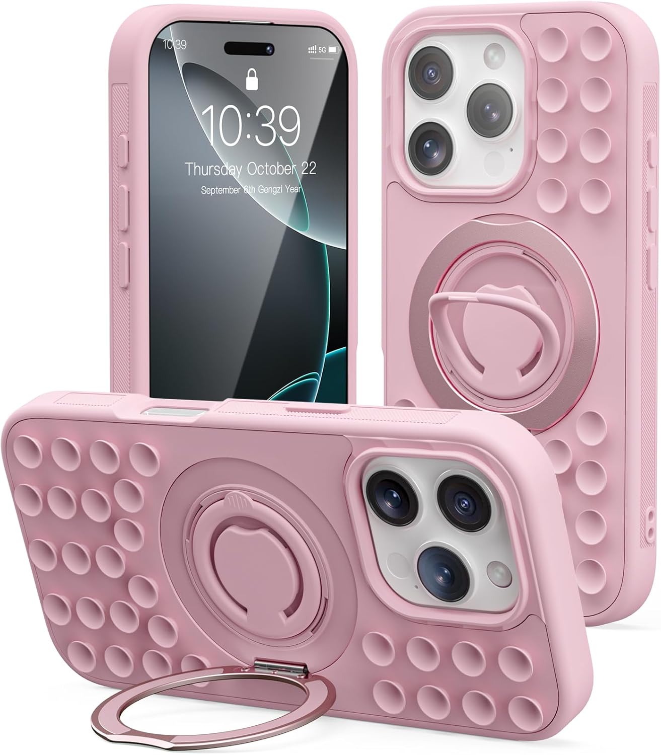 Mowei Compatible with iPhone 16 Pro Case, Suction Cup Mount Dual 360° Ring Grip Holder Stand, Military Grade Drop Protection with Built-in Kickstand, Anti-Slip Edge-Pink Mist