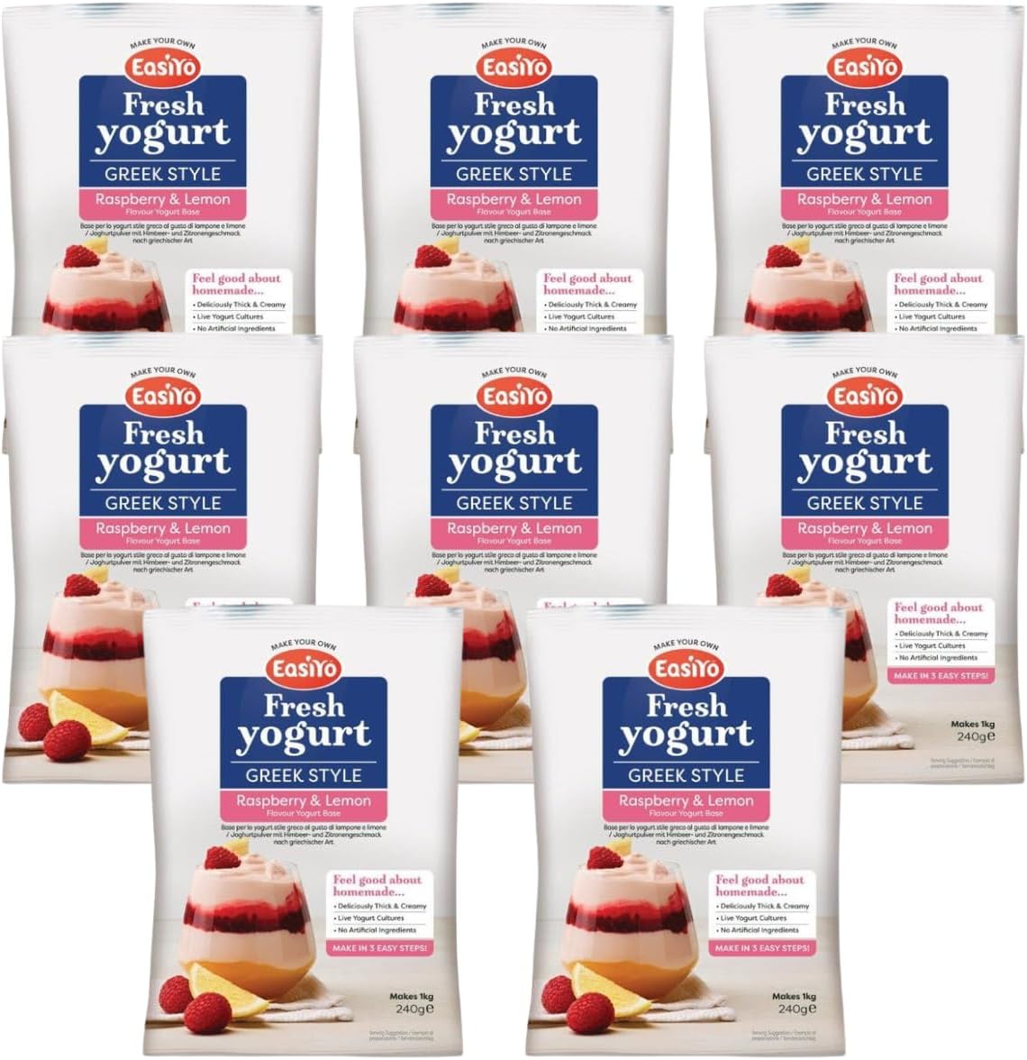 EasiYo Yogurt Greek Style Raspberry and Lemon 8 Pack Yoghurt