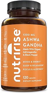 NutriRise Organic Ashwagandha Root Capsules with Black Pepper, 1300mg, Natural Stress & Mood, Thyroid, and Immune Support Supplement, Clarity, Focus & Energy, Gluten Free, 120 Count