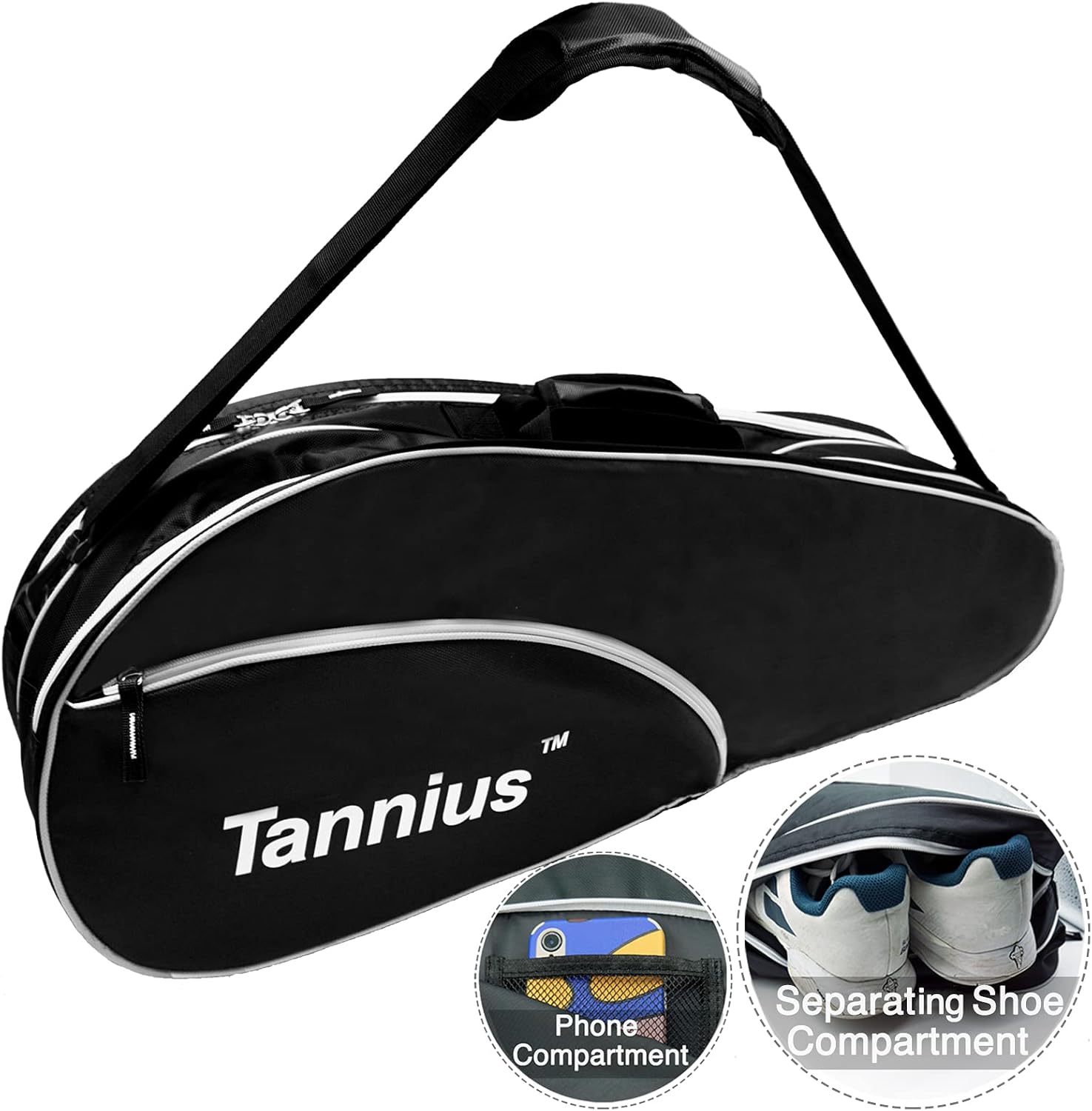 Tennis Racket Bag (3-5 Racquet), with Shoe & Phone Compartment and Protective Pad, Super Roomy and Lightweight Racquet Bag for Tennis, Badminton