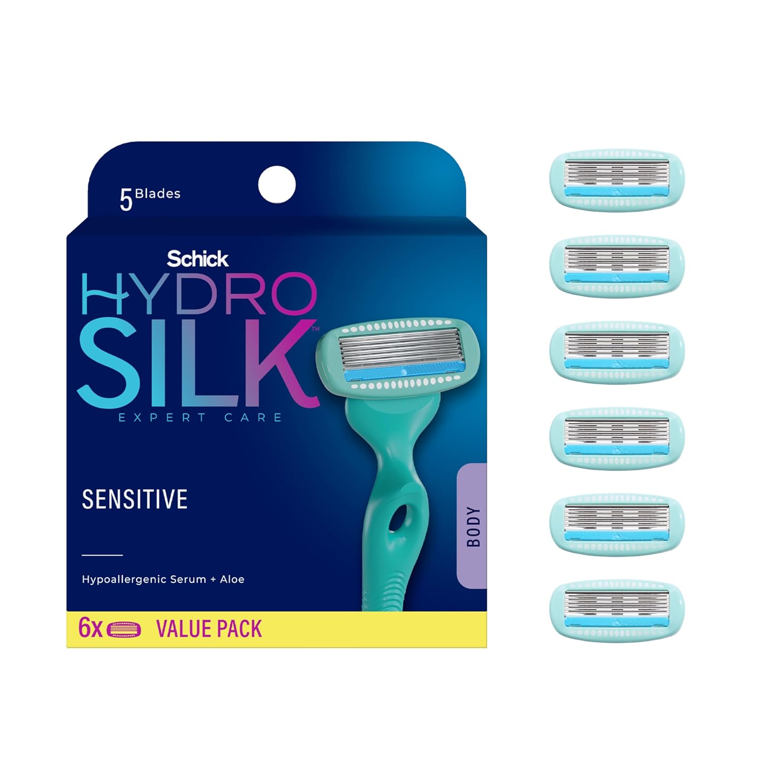 Schick Hydro Silk Sensitive Razor Blade Refills, 6 Count | 5-Blade Sensitive Skin Razors for Women | Womens Razor Refills for Sensitive Skin