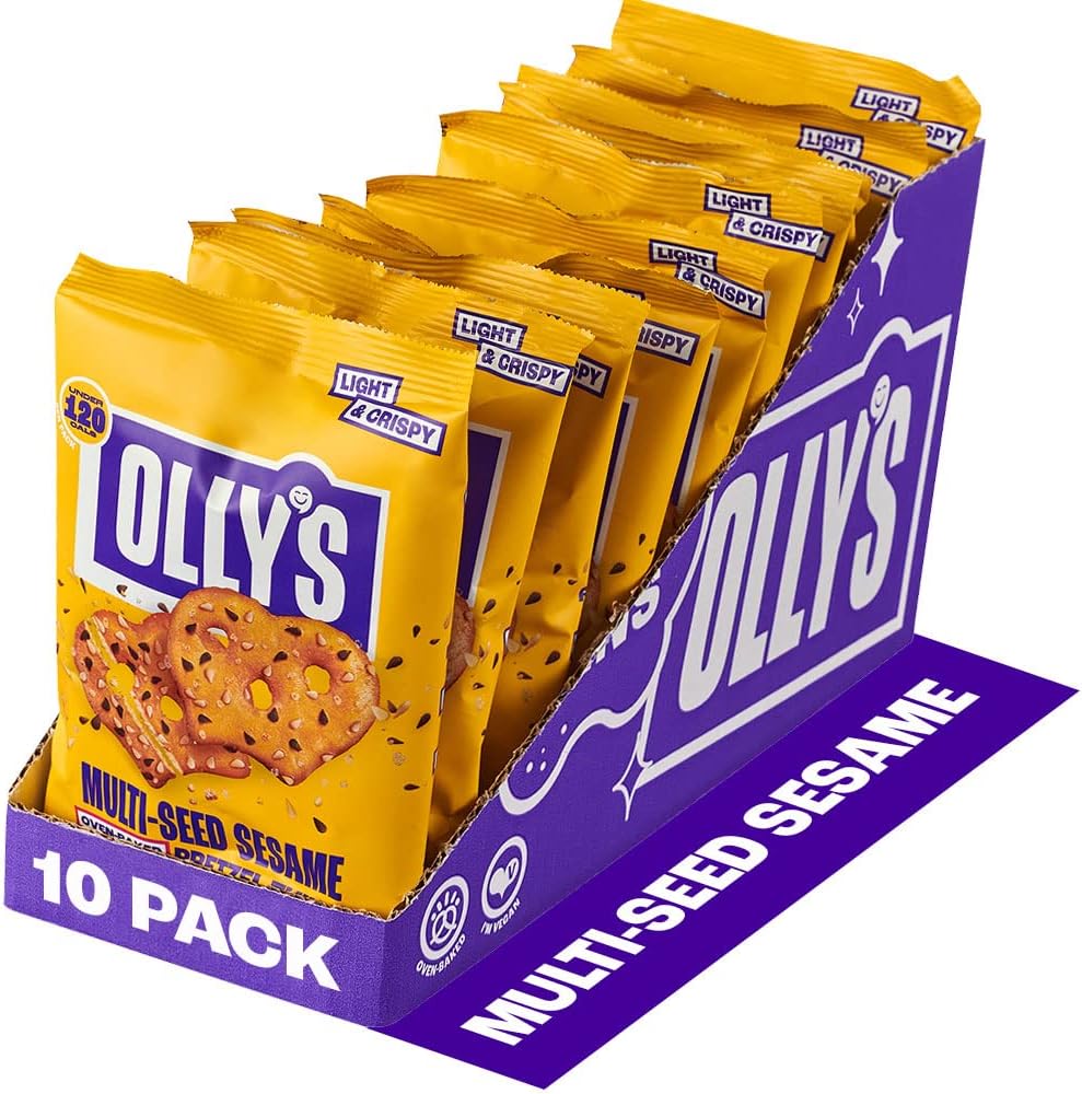 Olly's Pretzel Thins, Multi-Seed Sesame, 35g (Pack of 10), Handy Snack Pouches, Healthy Plant-Based Vegan Snacks for Dipping, Low Calorie Snacks, Low Fat, Source of Fibre, No Preservatives