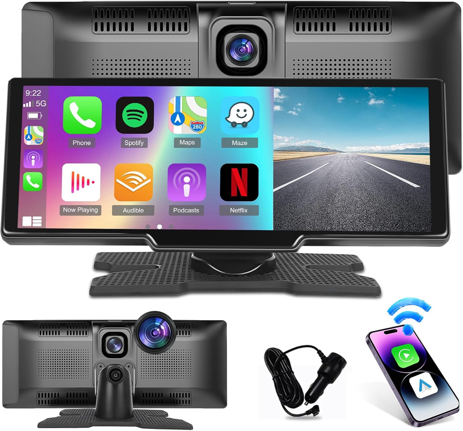 Wireless Portable Carplay Screen for Car - 9.3 inch HD Android Auto Screen GPS Navigation Dash Mount - Build-in Camera, Intelligent Voice Control, FM Transmit, Bluetooth Drive Mate