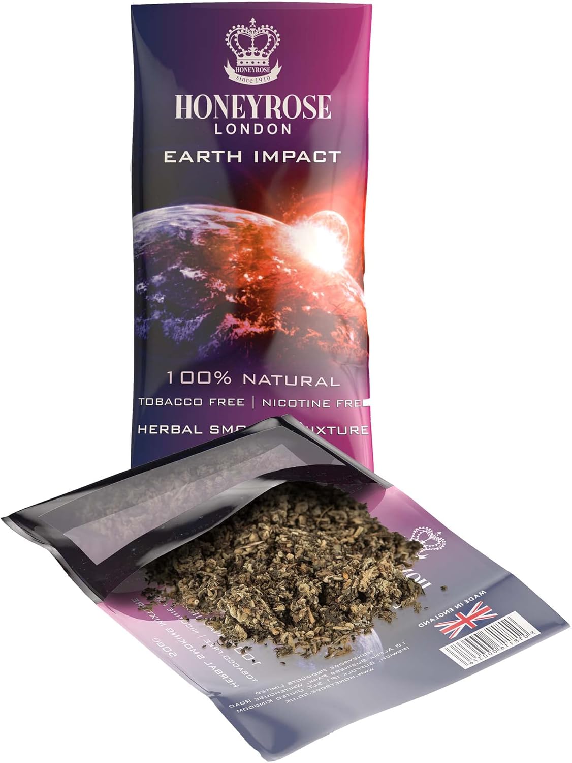 Honeyrose Herbal Smoking Mixture, "Earth Impact", Tobacco & Nicotine Free, 1 Carton/10 Pouches, 50gr Each Pouch, Made in England (1)