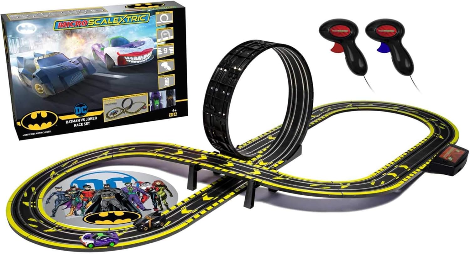 Scalextric Micro Car Race Track Sets Age 4+ for Kids + - Batman vs Joker Themed Construction Set, Battery Powered Racing, Slot Cars Kids' Play Vehicles - Mini Toy Tracks for Boys