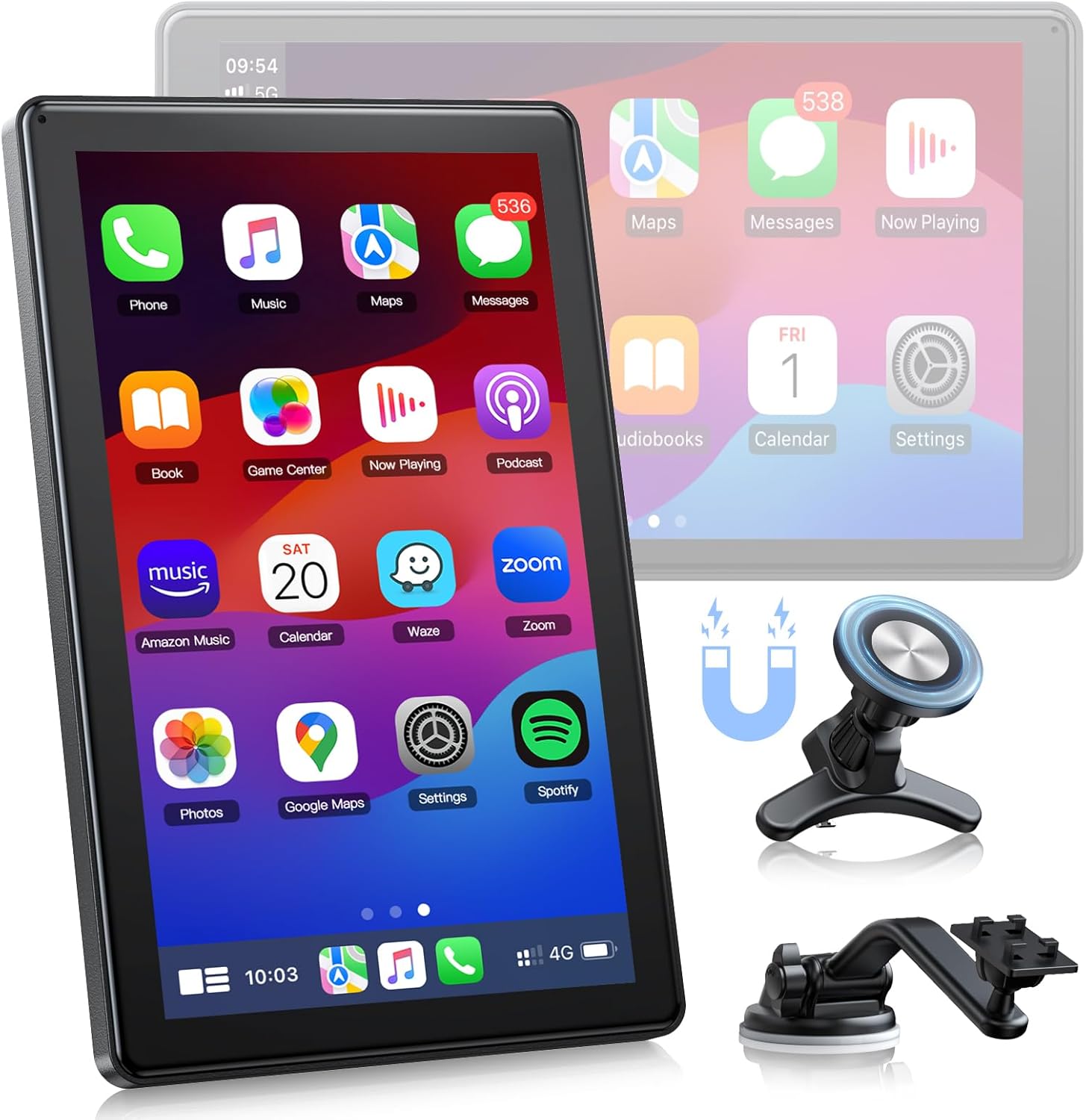 LAMTTO Wireless Apple Carplay Screen for Car Android Auto Magnetic Holder, OTA, Portrait & Landscape Screen, GPS Navigation, Portable Car Audio Receivers Mirror Link, Bluetooth, Voice Control