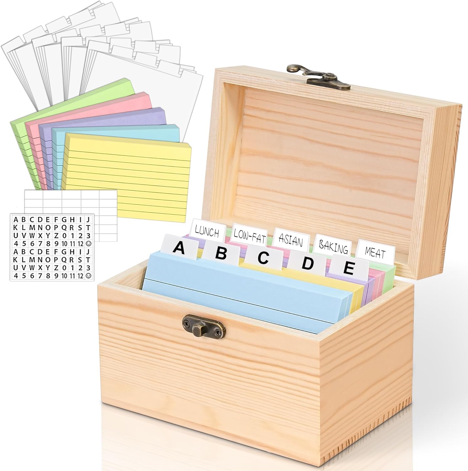 Index Card Holder 3x5, 100 Pcs Heavy-Duty Index Card Business Card Organizer Wooden Recipe Box with Dividers Flash Card Holder with 30 White Dividers, 1 Blank Sticker and 1 Letter Sticker